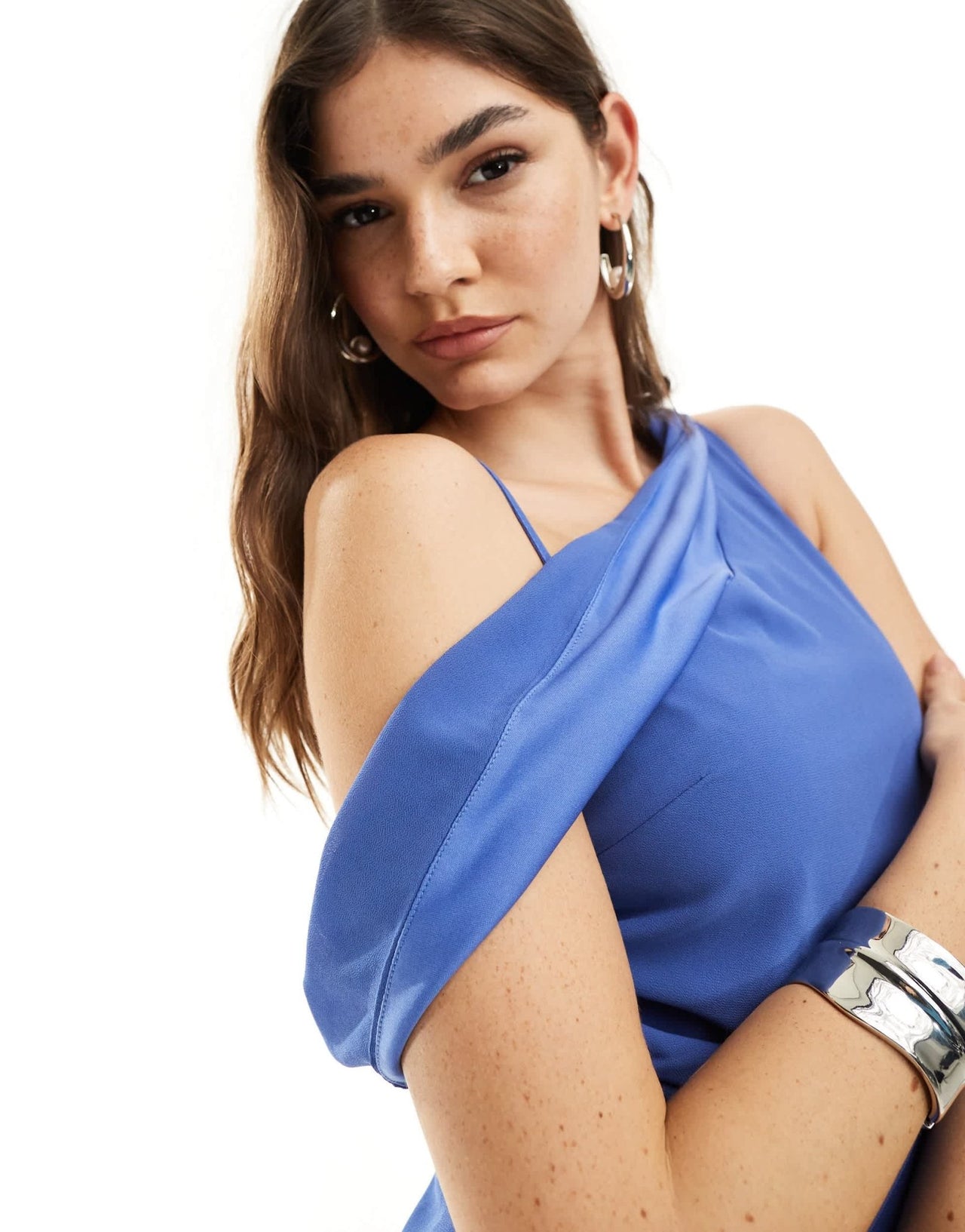 TFNC Bridesmaid chiffon fallen shoulder maxi dress with drape detail in aster blue - ASOS Sample Sale