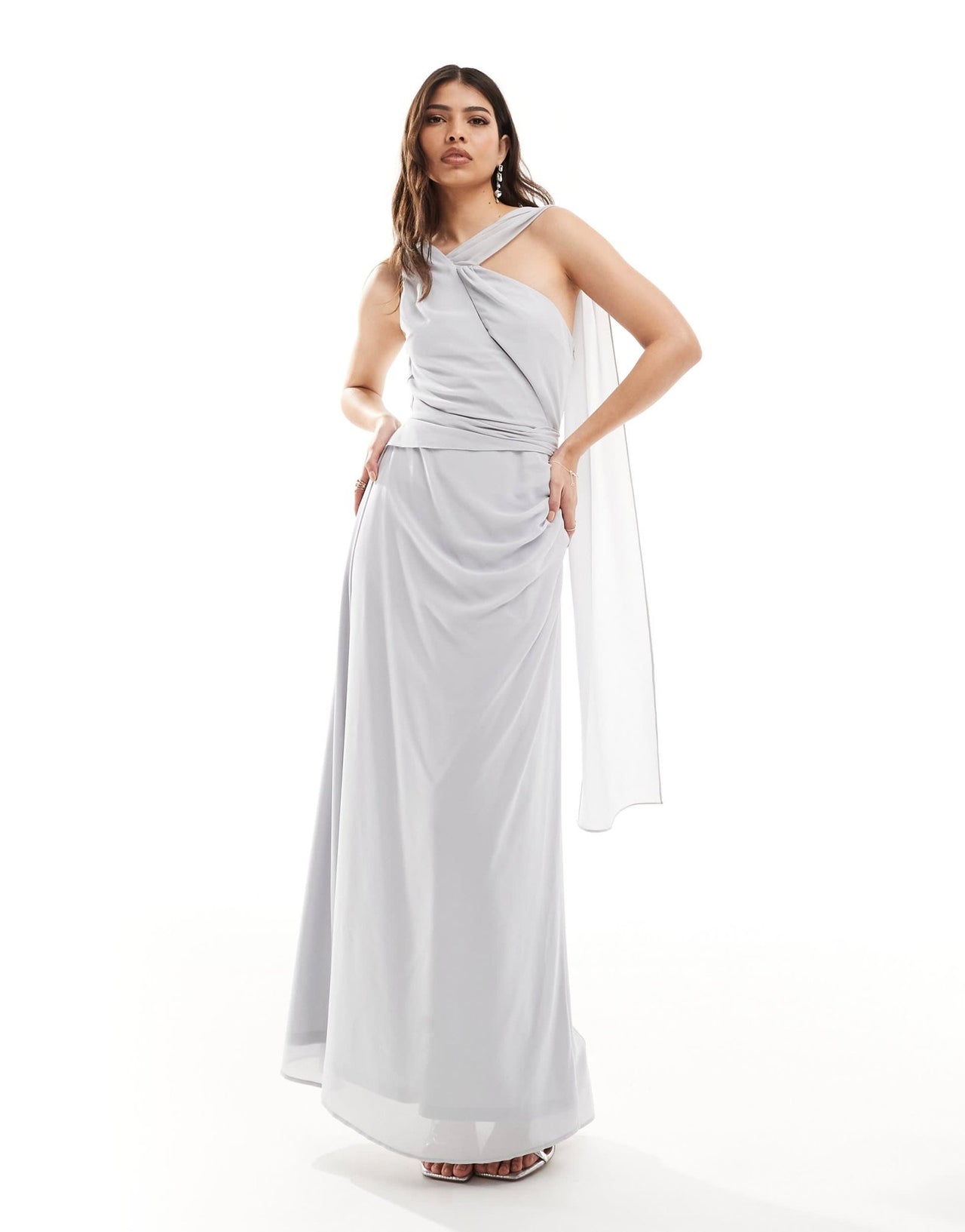 TFNC Bridesmaid chiffon one shoulder drape maxi dress in silver - ASOS Sample Sale