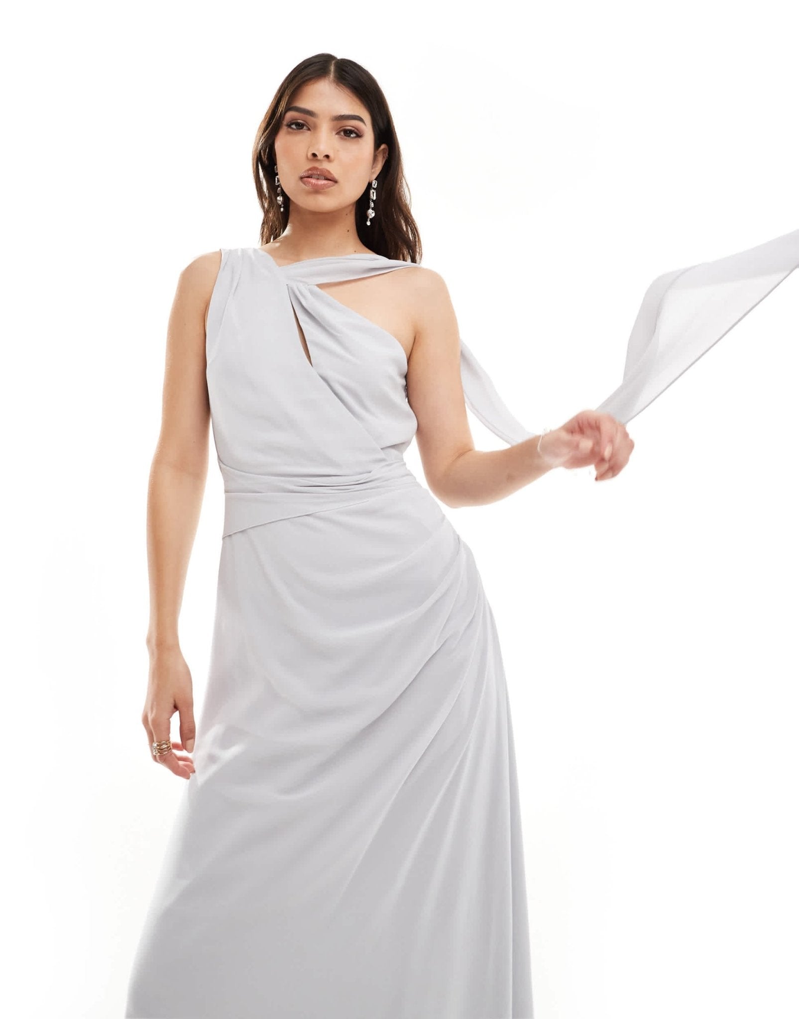 TFNC Bridesmaid chiffon one shoulder drape maxi dress in silver - ASOS Sample Sale