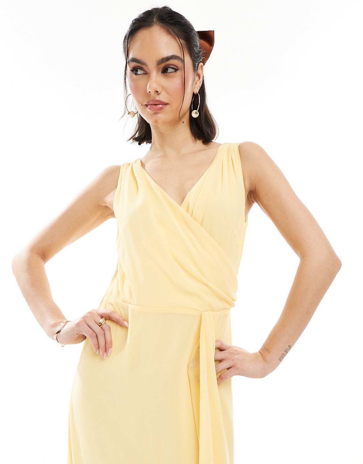 TFNC Bridesmaid chiffon wrap front maxi dress with wrap skirt in lemon - ASOS Sample Sale
