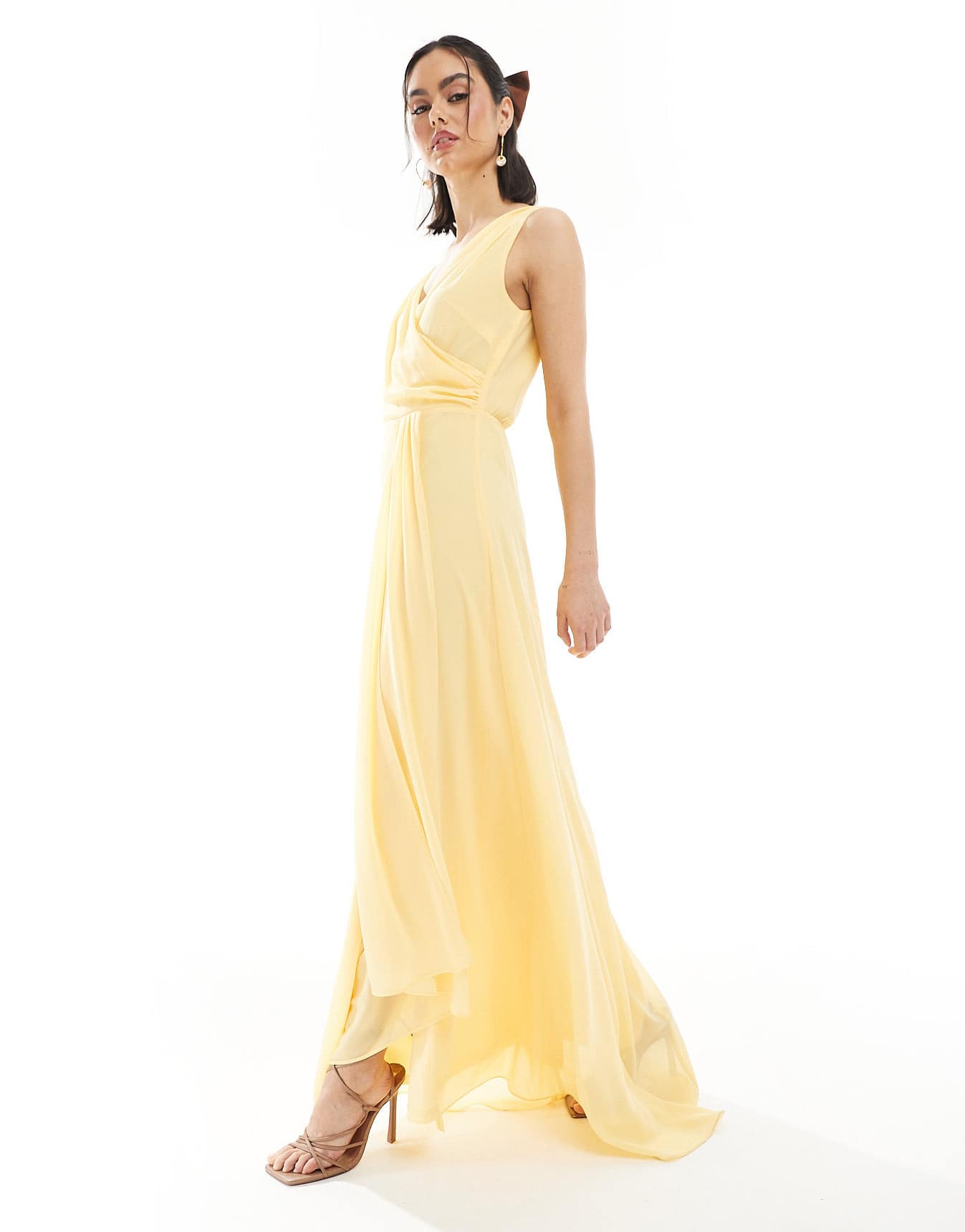 TFNC Bridesmaid chiffon wrap front maxi dress with wrap skirt in lemon - ASOS Sample Sale