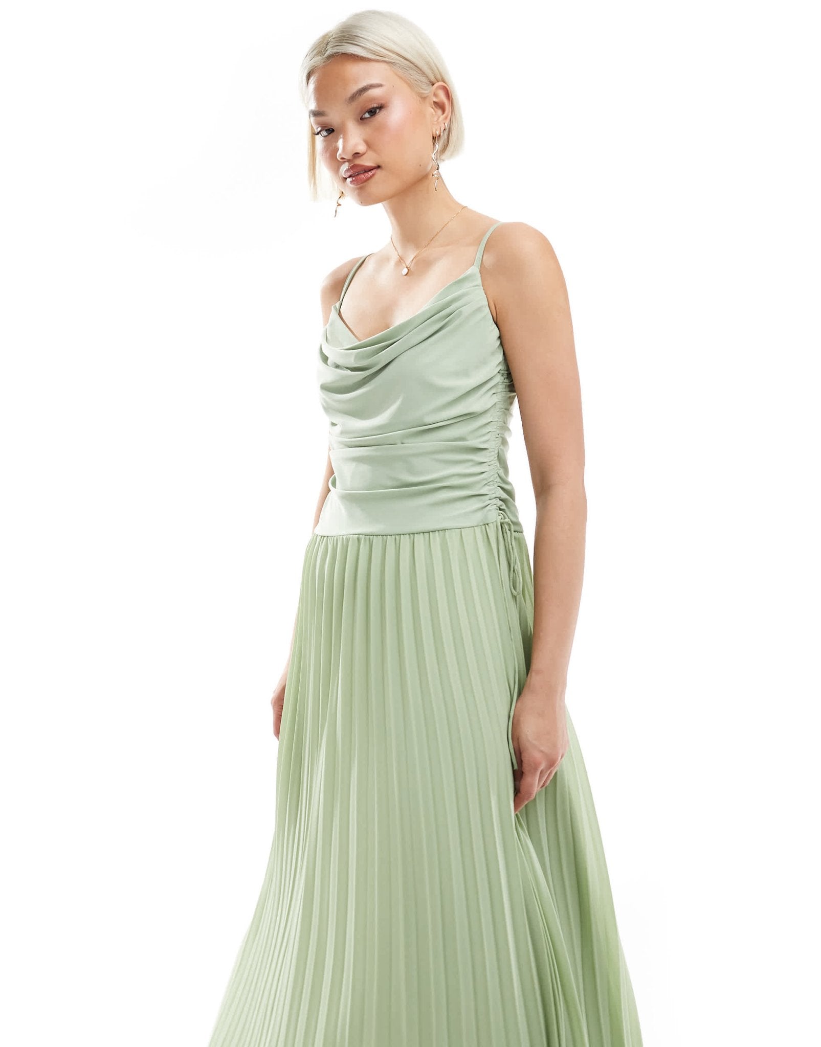 TFNC Bridesmaid cowl neck maxi dress with pleated skirt in sage green - ASOS Sample Sale