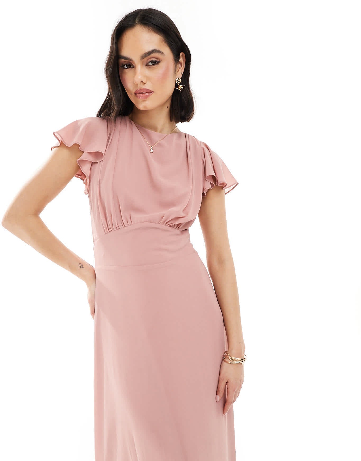 TFNC Bridesmaid flutter sleeve cowl back chiffon maxi dress in dusky pink - ASOS Sample Sale