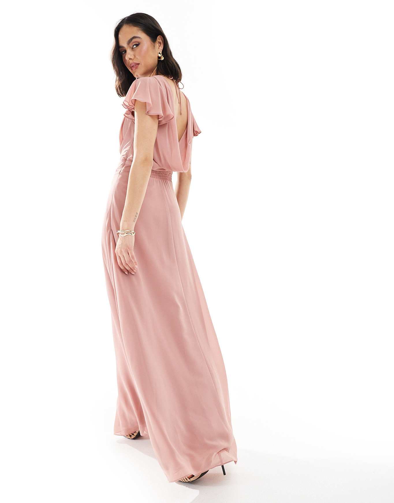TFNC Bridesmaid flutter sleeve cowl back chiffon maxi dress in dusky pink - ASOS Sample Sale