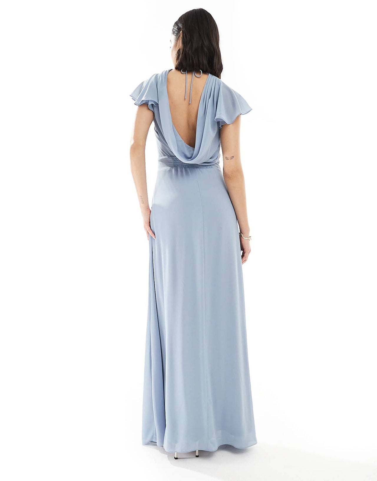 TFNC Bridesmaid flutter sleeve cowl back chiffon maxi dress in dusty blue - ASOS Sample Sale