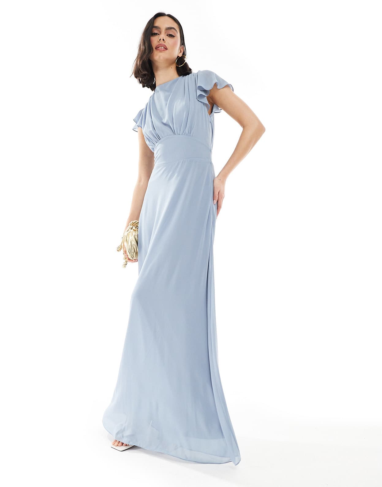 TFNC Bridesmaid flutter sleeve cowl back chiffon maxi dress in dusty blue - ASOS Sample Sale