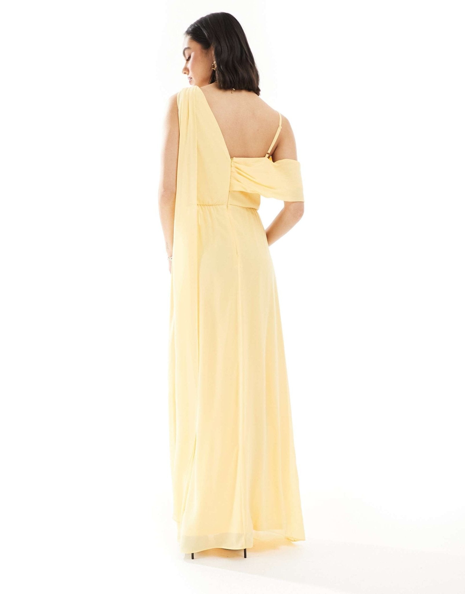 TFNC Bridesmaid one shoulder drape maxi dress with wrap skirt in lemon - ASOS Sample Sale