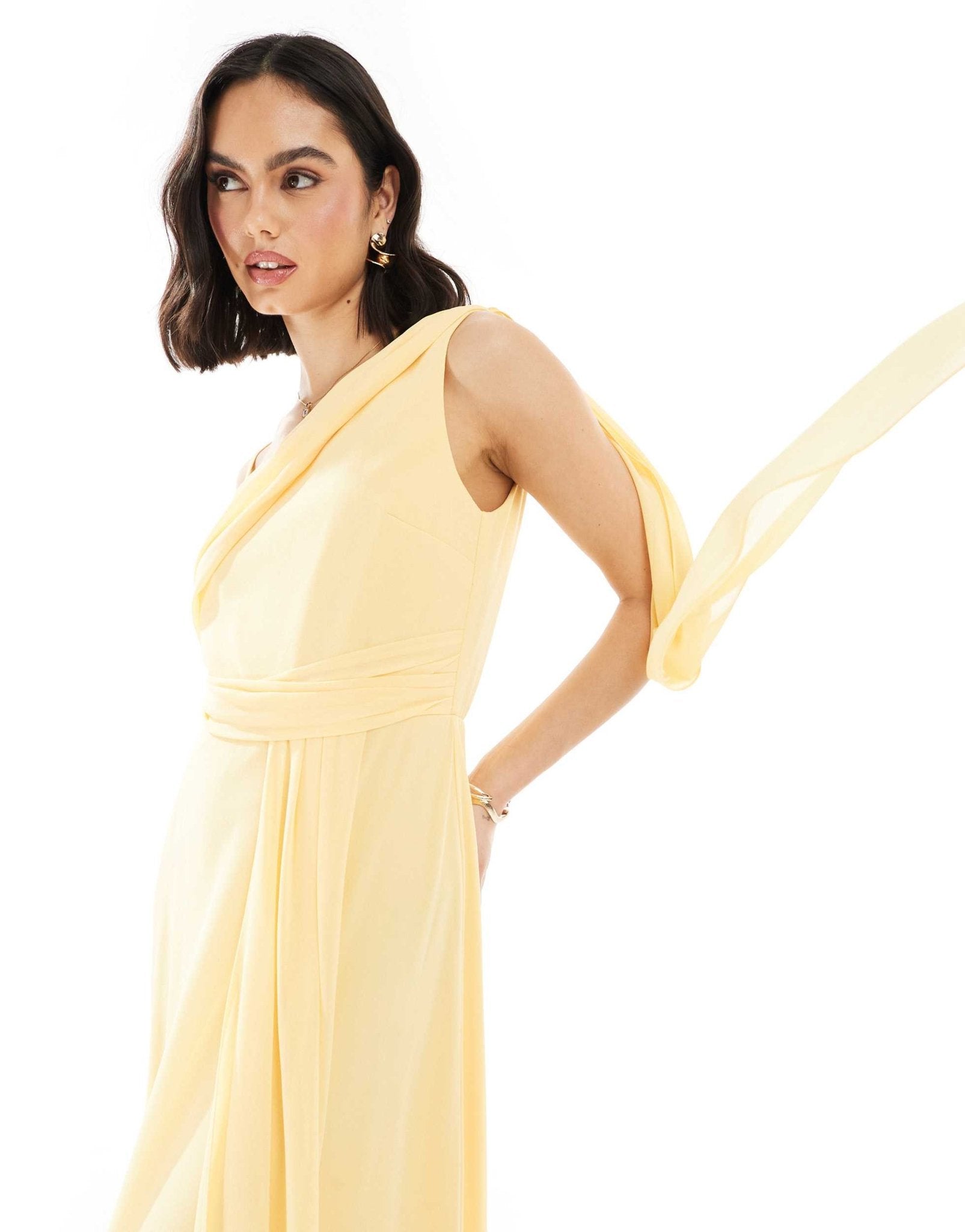 TFNC Bridesmaid one shoulder drape maxi dress with wrap skirt in lemon - ASOS Sample Sale