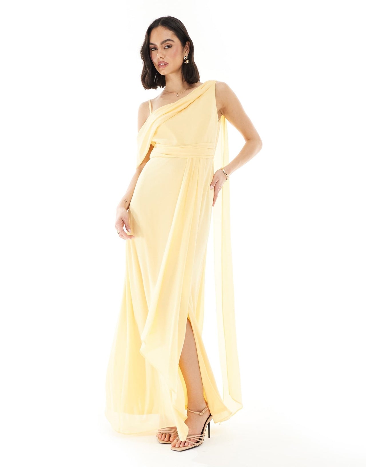 TFNC Bridesmaid one shoulder drape maxi dress with wrap skirt in lemon - ASOS Sample Sale