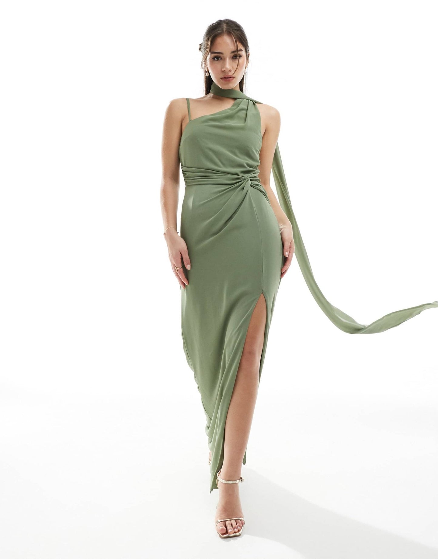TFNC Bridesmaid one shoulder maxi dress with twist front and scarf detail in dark green - ASOS Sample Sale