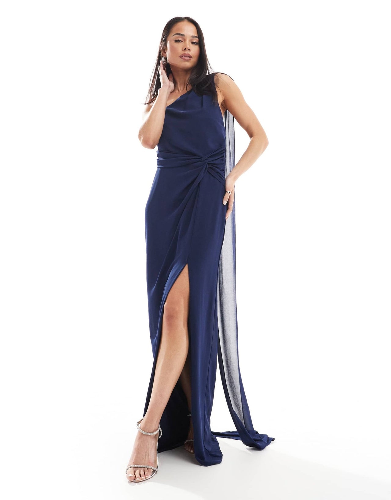 TFNC Bridesmaid one shoulder maxi dress with twist front and scarf detail in navy - ASOS Sample Sale