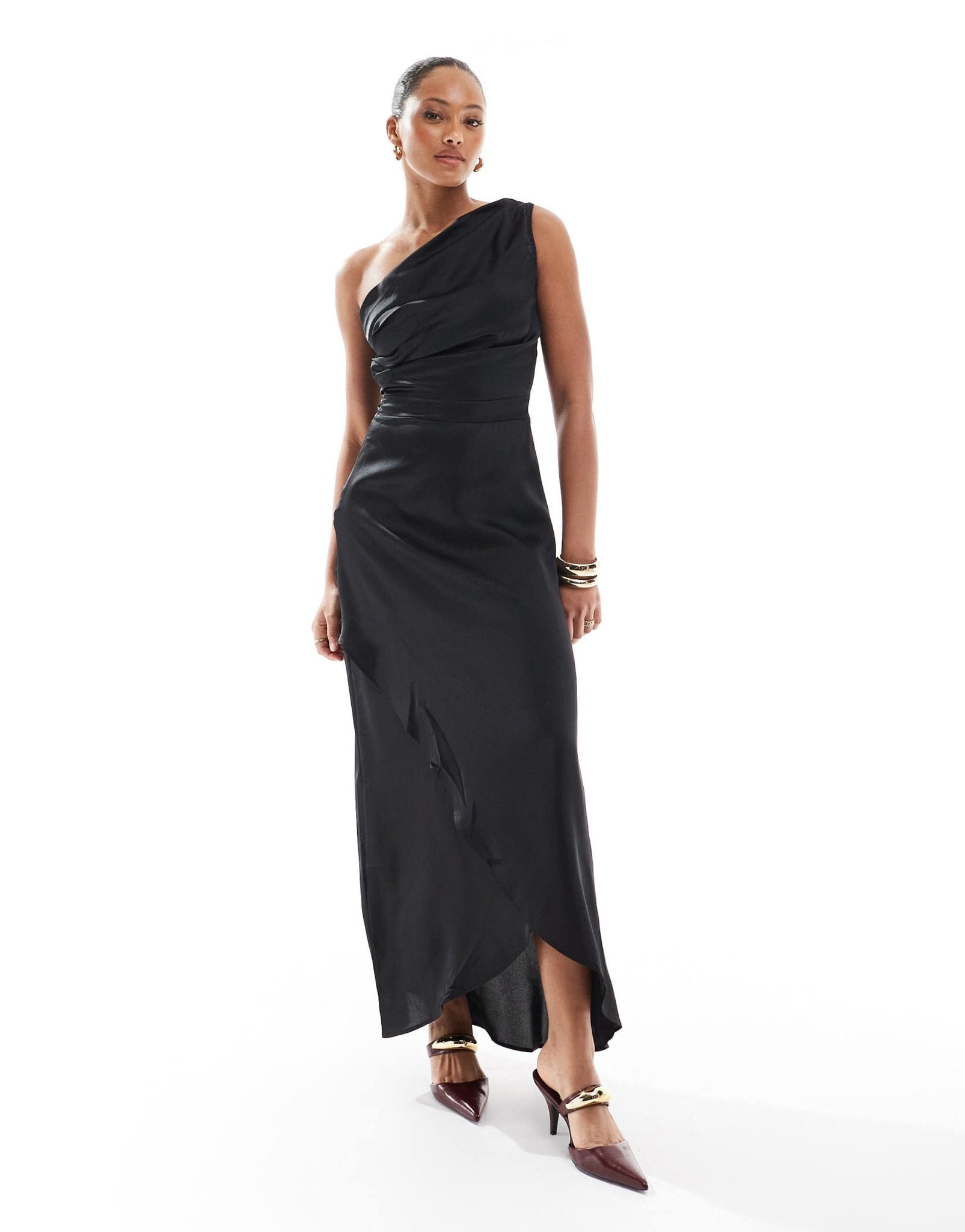 TFNC Bridesmaid one shoulder satin maxi dress in black - ASOS Sample Sale