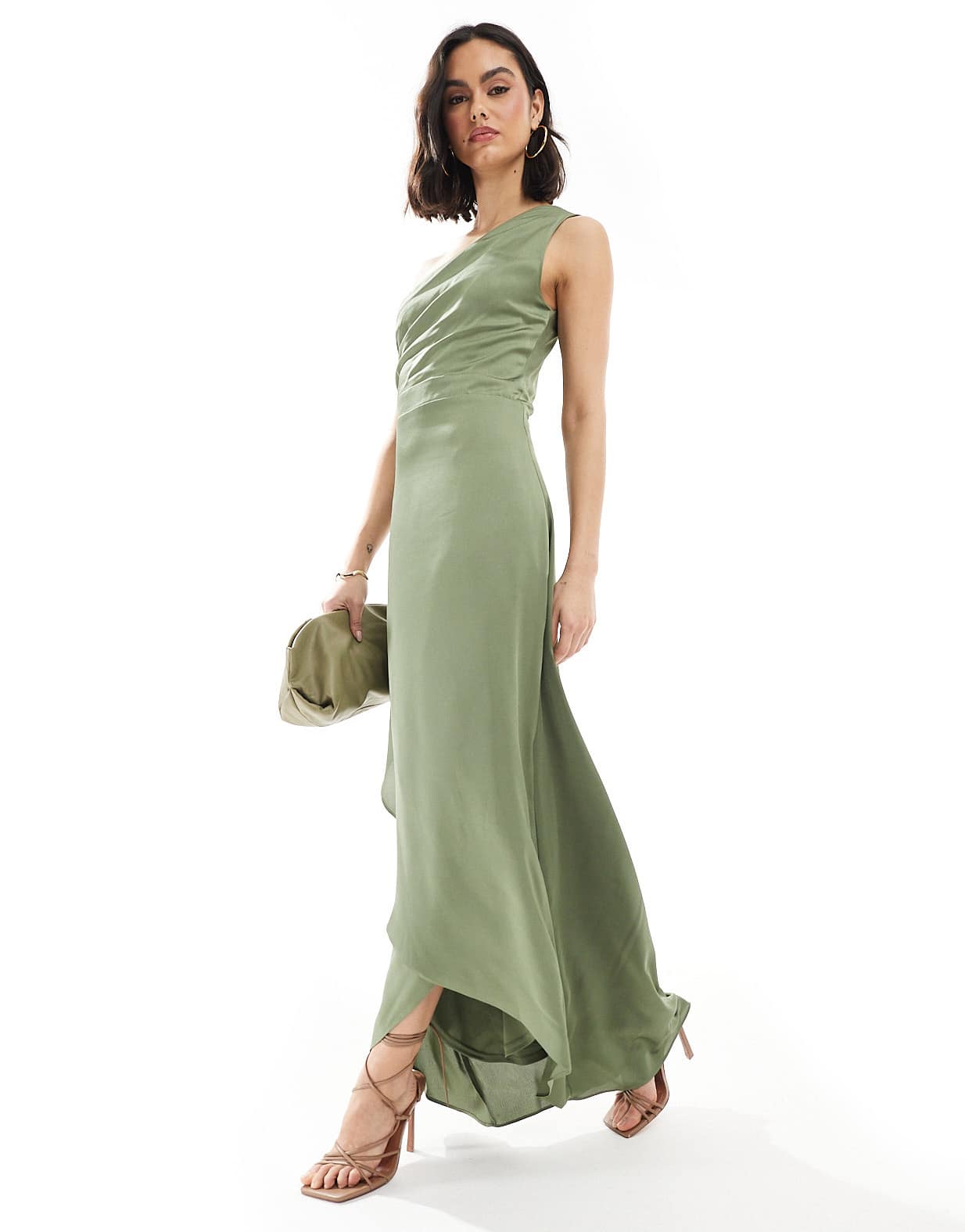 TFNC Bridesmaid one shoulder satin maxi dress with wrap skirt in dark green - ASOS Sample Sale