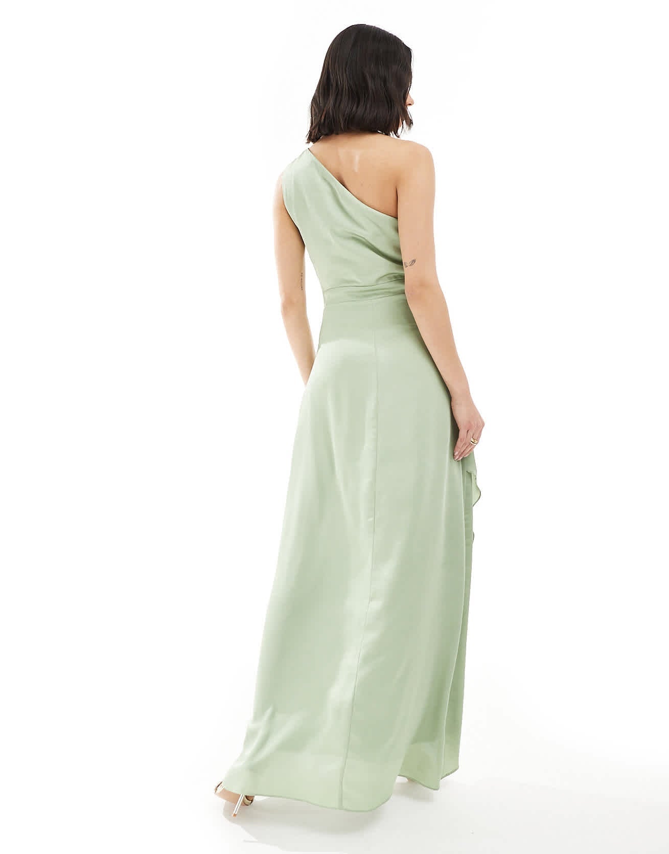 TFNC Bridesmaid one shoulder satin maxi dress with wrap skirt in sage green - ASOS Sample Sale