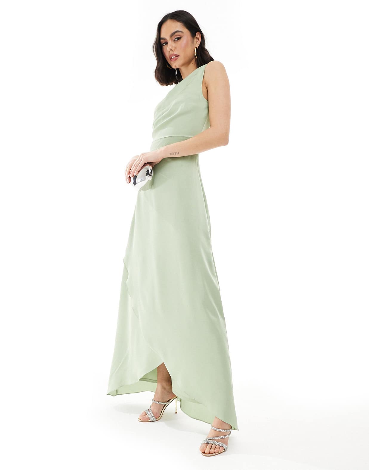 TFNC Bridesmaid one shoulder satin maxi dress with wrap skirt in sage green - ASOS Sample Sale