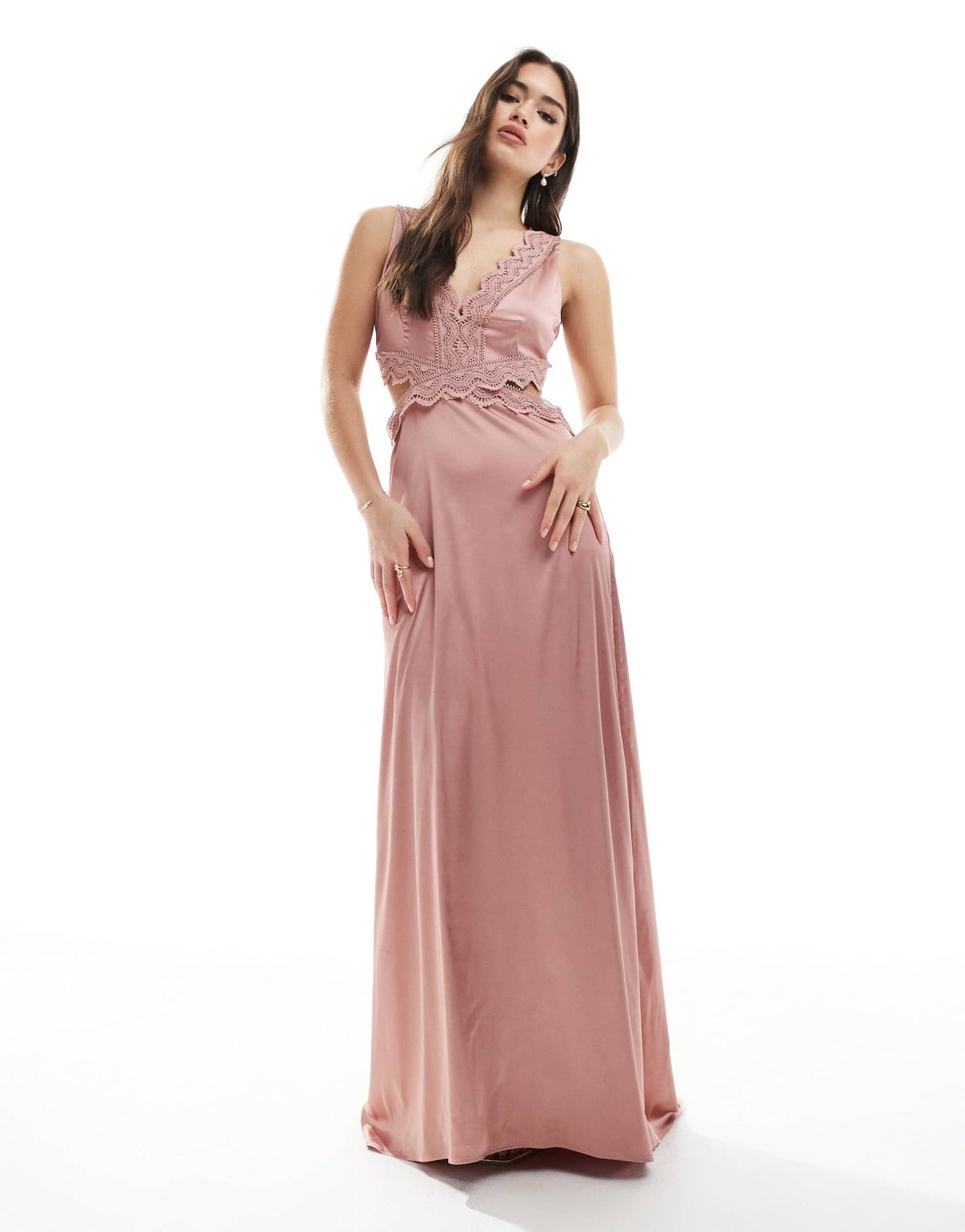 TFNC Bridesmaid satin maxi dress with scalloped lace detail in dusky p – ASOS Sample Sale