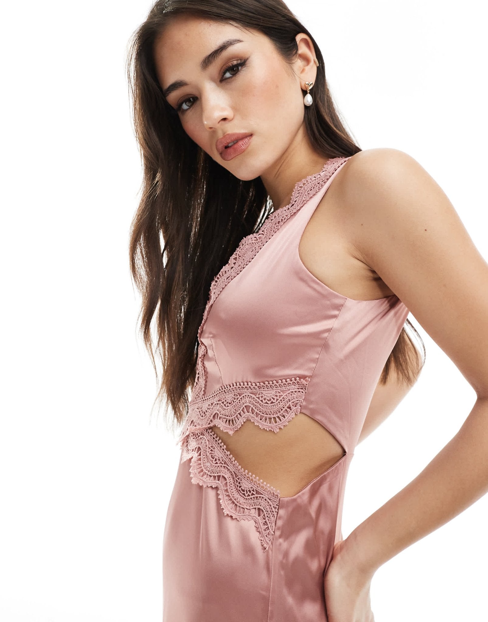 TFNC Bridesmaid satin maxi dress with scalloped lace detail in dusky pink - ASOS Sample Sale