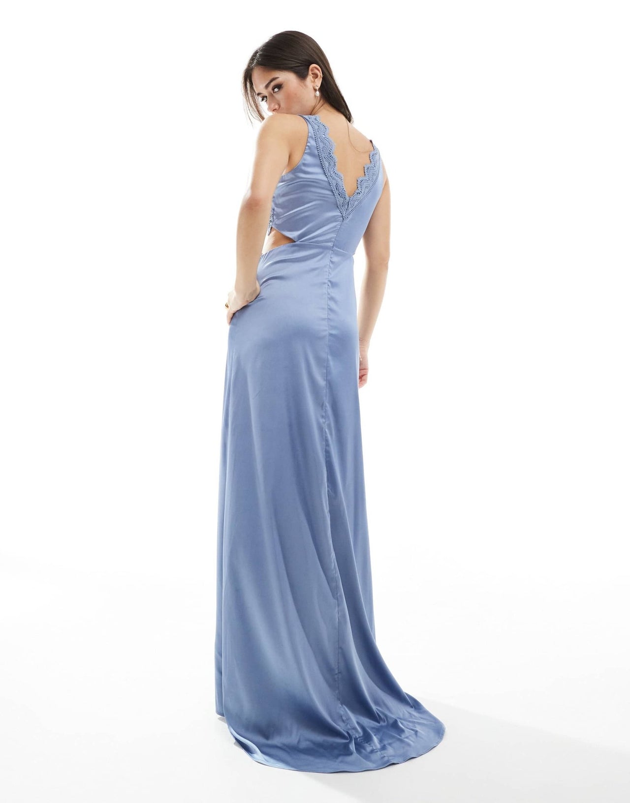 TFNC Bridesmaid satin maxi dress with scalloped lace detail in dusty blue - ASOS Sample Sale