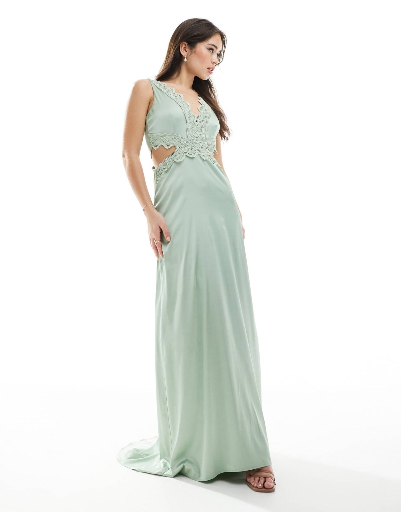 TFNC Bridesmaid satin maxi dress with scalloped lace detail in sage - ASOS Sample Sale