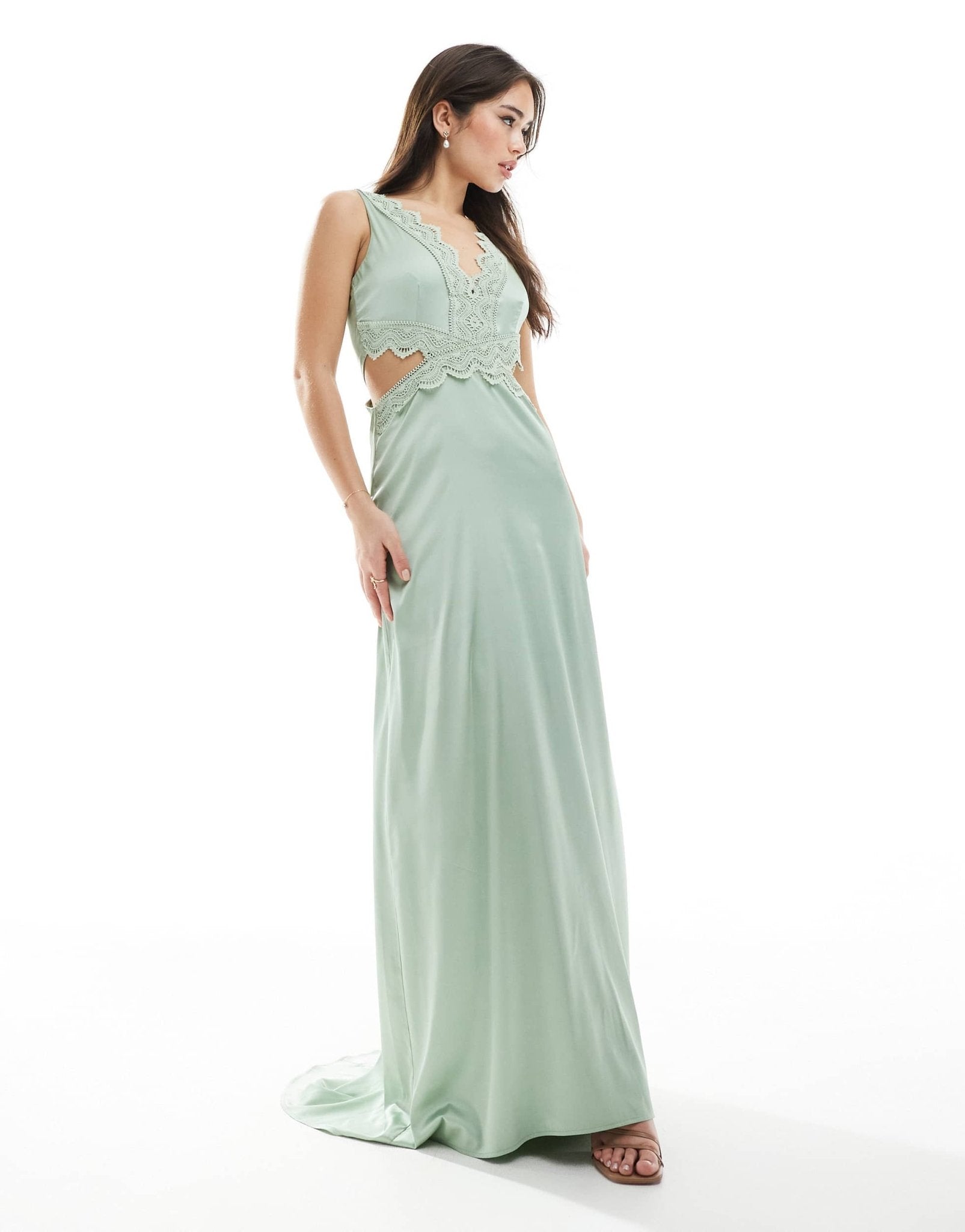 TFNC Bridesmaid satin maxi dress with scalloped lace detail in sage - ASOS Sample Sale
