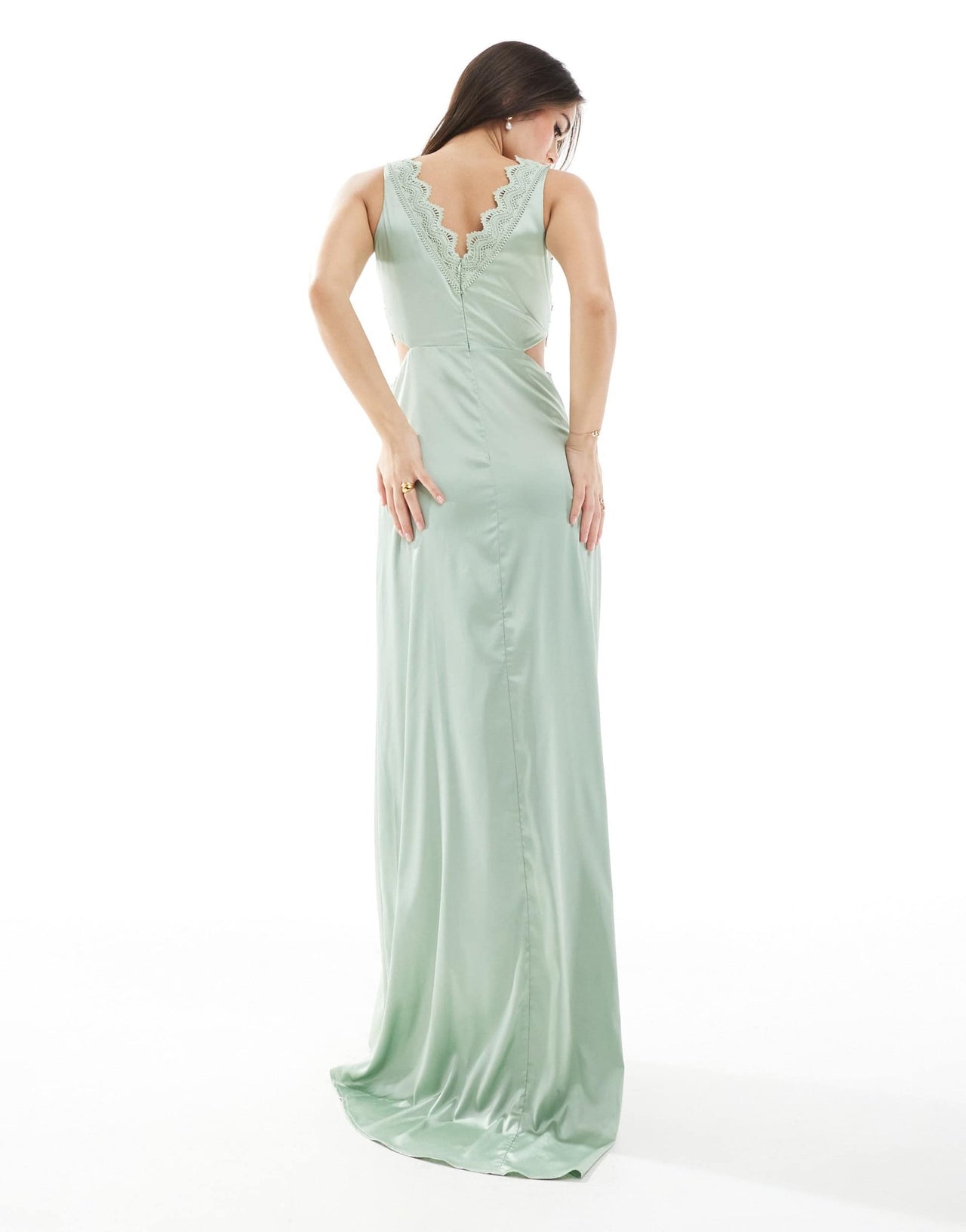TFNC Bridesmaid satin maxi dress with scalloped lace detail in sage - ASOS Sample Sale