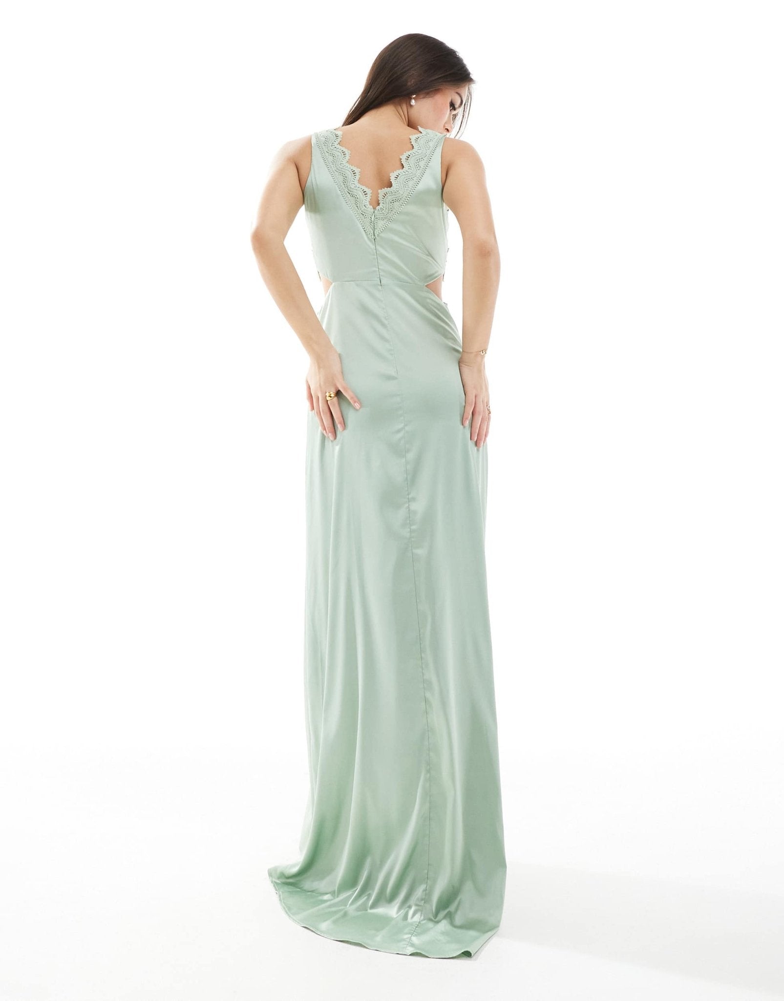 TFNC Bridesmaid satin maxi dress with scalloped lace detail in sage - ASOS Sample Sale