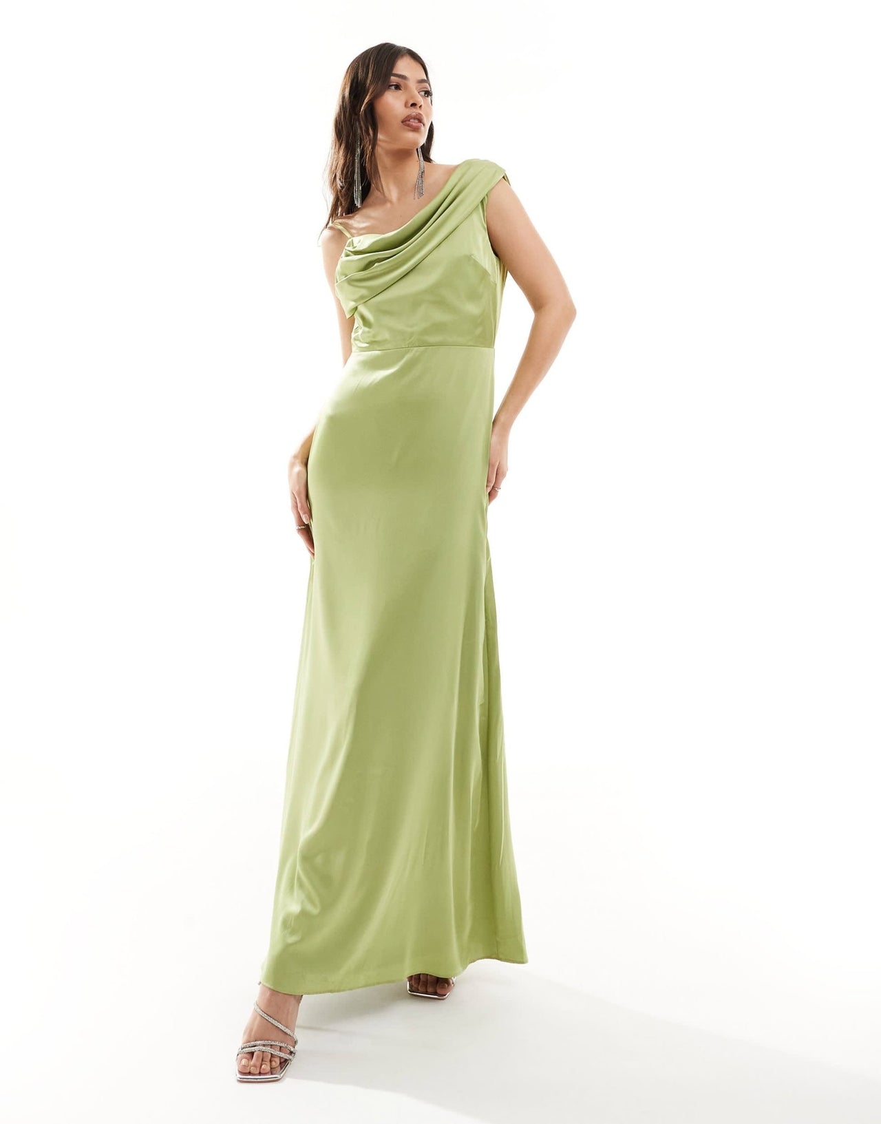 TFNC Bridesmaid satin one shoulder drape maxi dress in olive - ASOS Sample Sale
