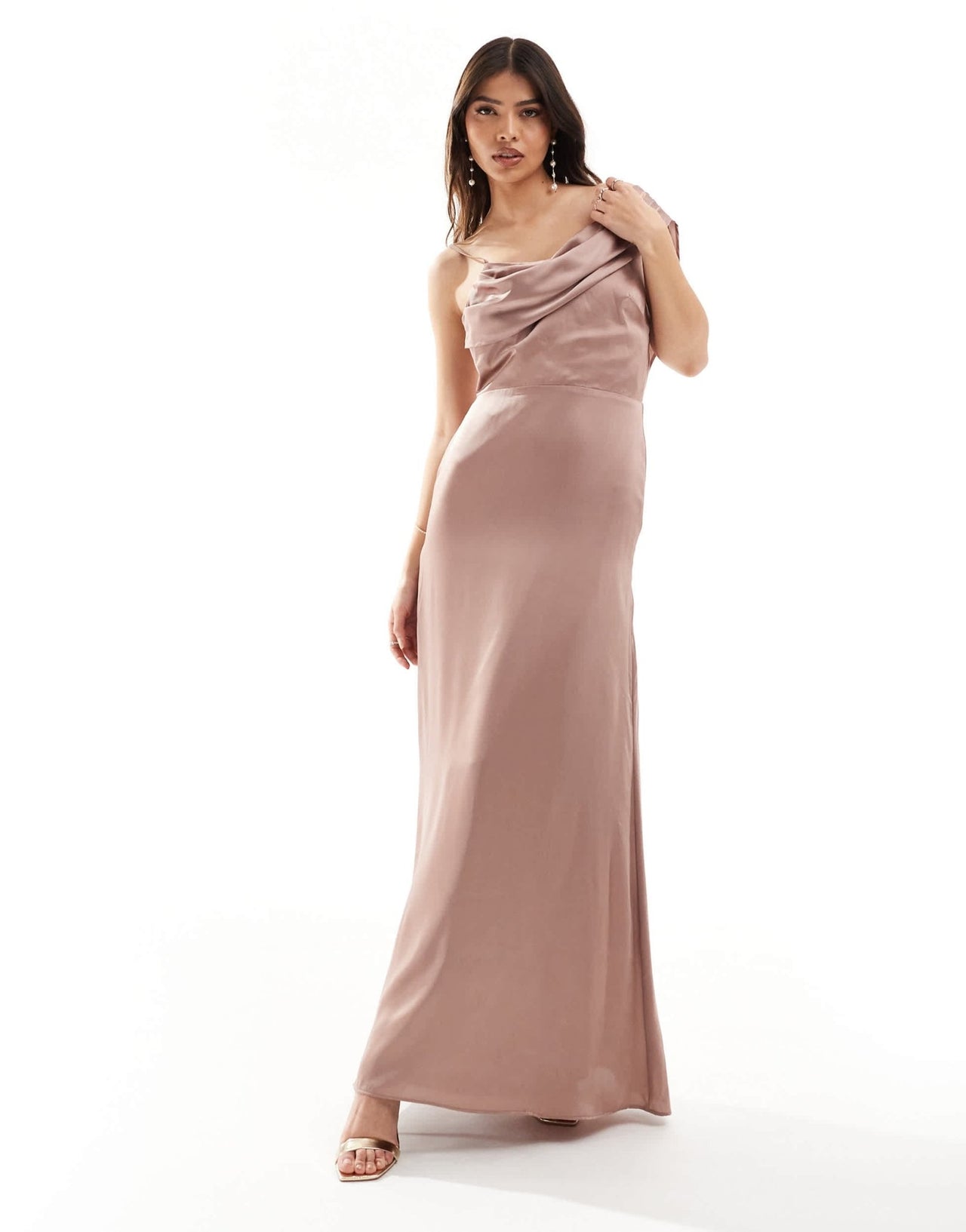 TFNC Bridesmaid satin one shoulder drape maxi dress in rose brown - ASOS Sample Sale