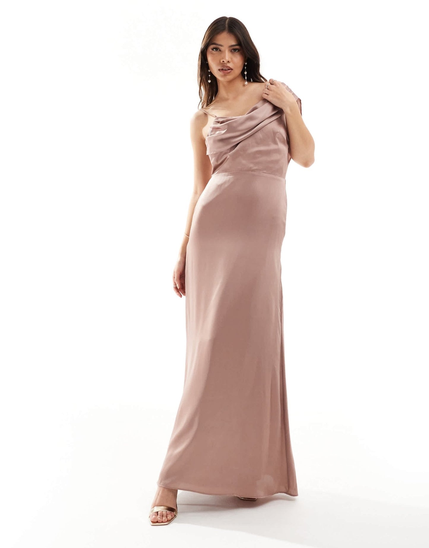 TFNC Bridesmaid satin one shoulder drape maxi dress in rose brown - ASOS Sample Sale