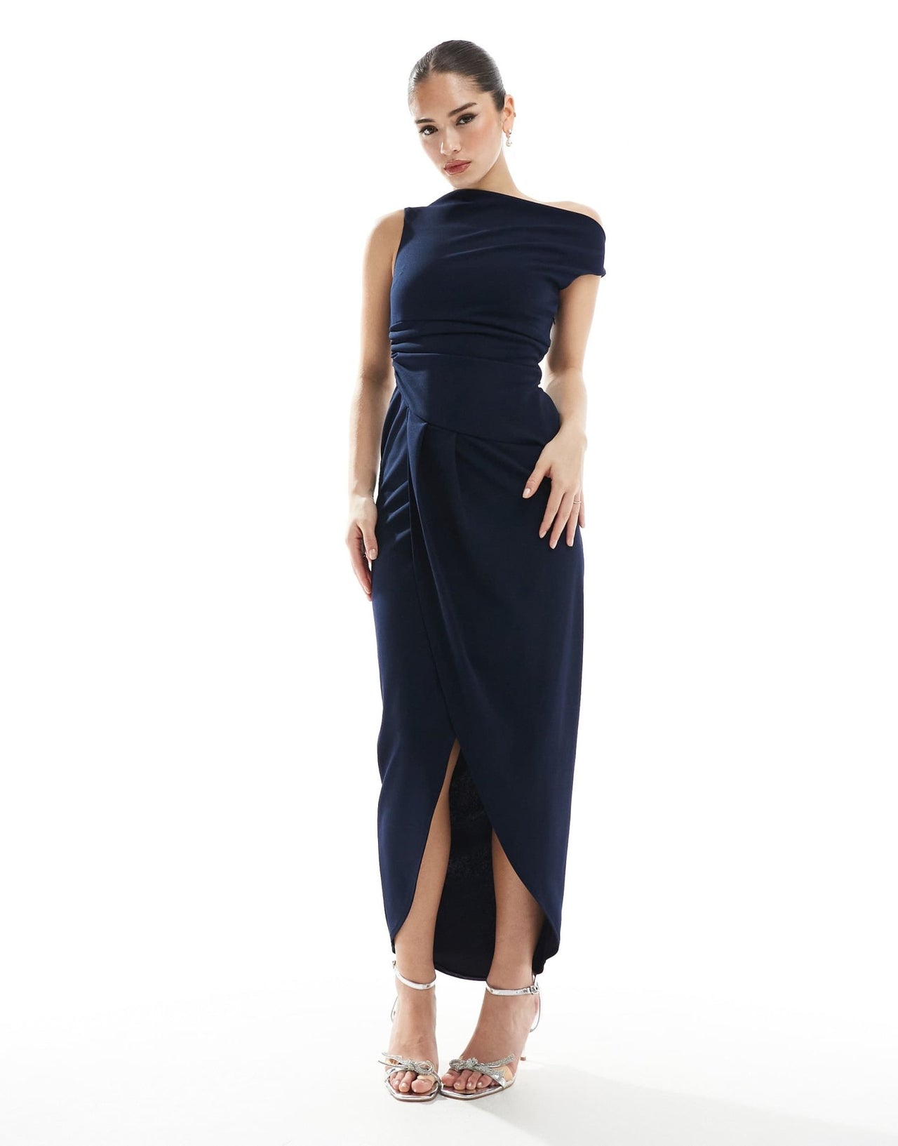 TFNC Bridesmaid slash neck maxi dress with ruching detail in navy - ASOS Sample Sale