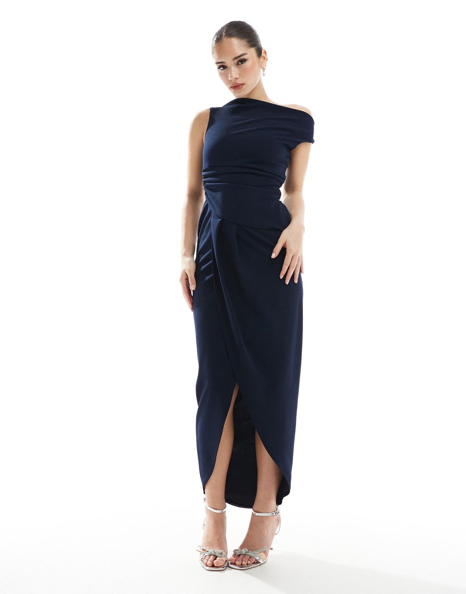 TFNC Bridesmaid slash neck maxi dress with ruching detail in navy - ASOS Sample Sale