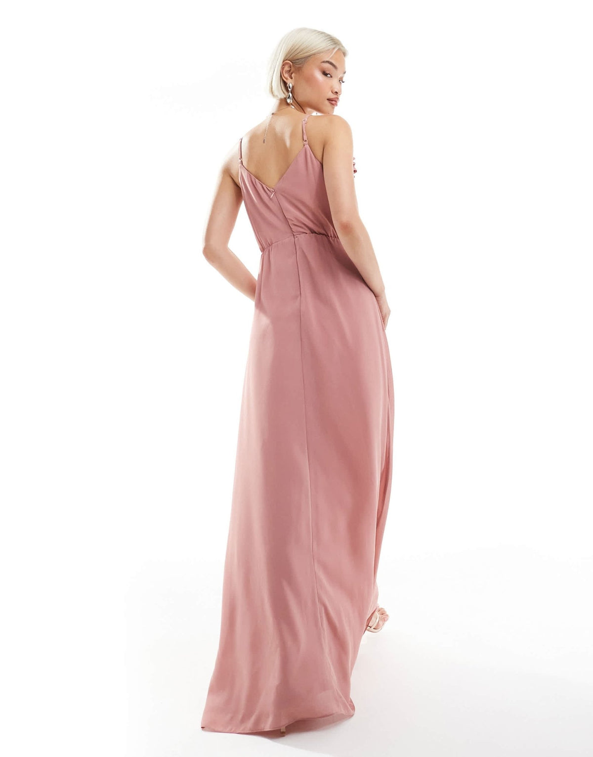 TFNC Bridesmaid wrap front chiffon maxi dress with frill detail and split in dusky pink - ASOS Sample Sale