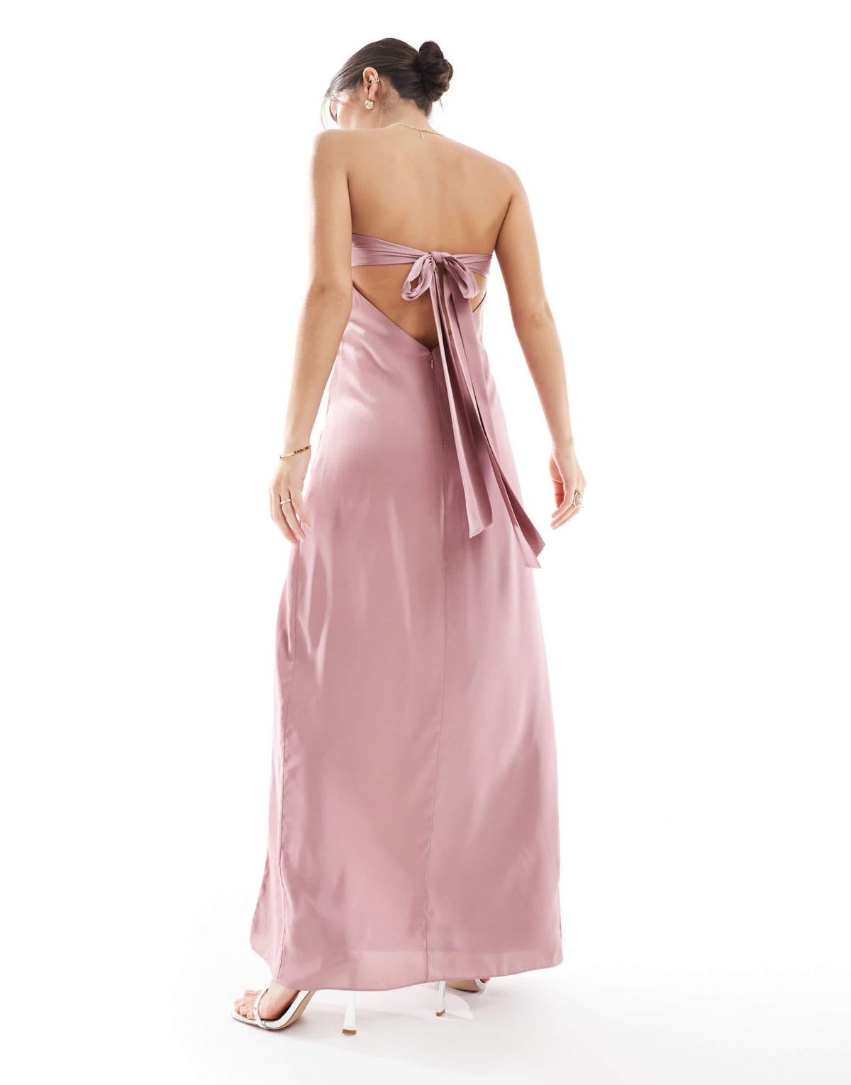TFNC Bridesmaids bandeau satin maxi dress with tie back in mauve pink - ASOS Sample Sale