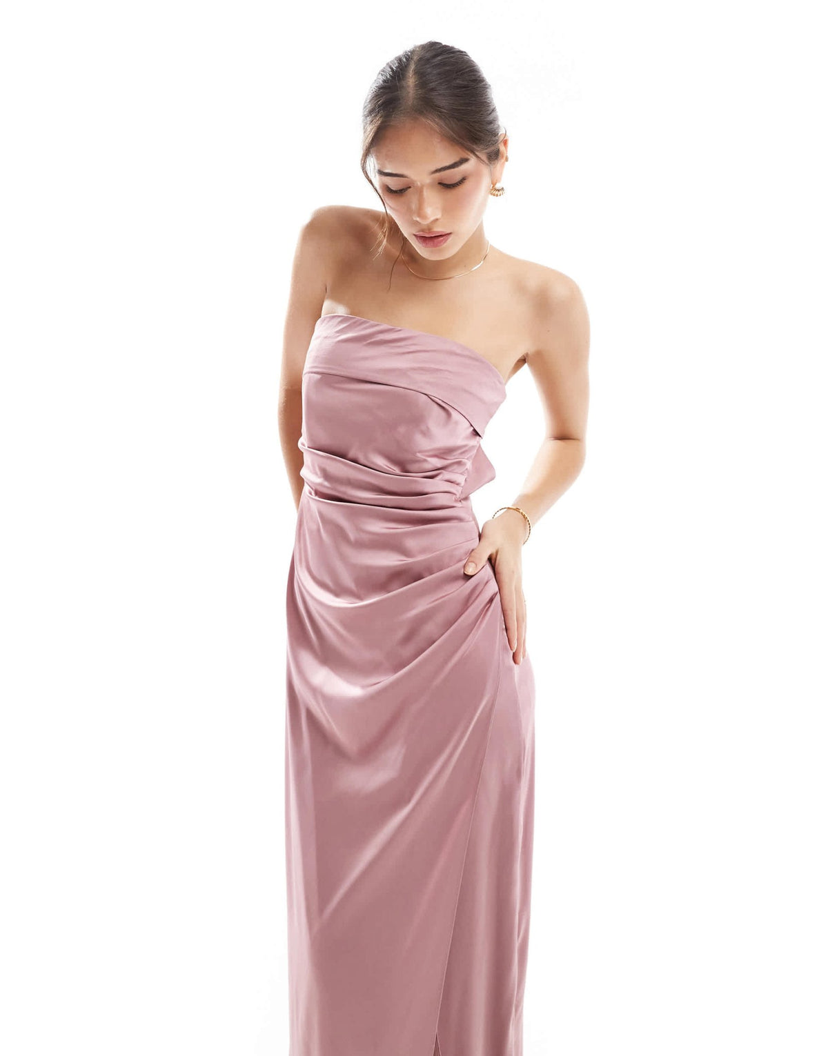 TFNC Bridesmaids bandeau satin maxi dress with tie back in mauve pink - ASOS Sample Sale