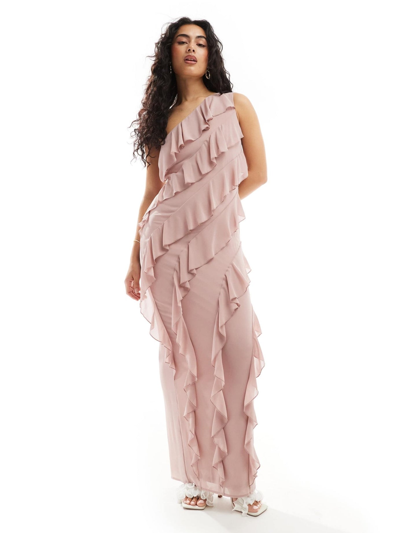 TFNC Bridesmaids chiffon one shoulder maxi dress with frills in soft pink - ASOS Sample Sale