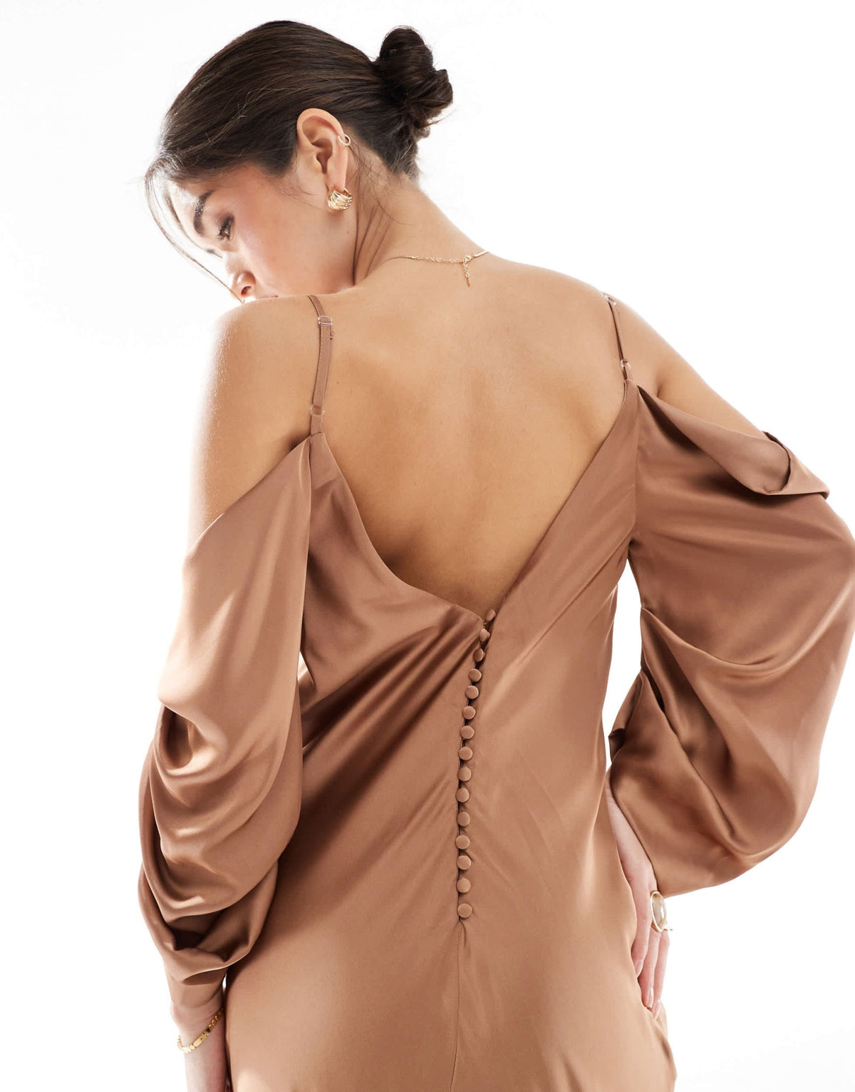 TFNC Bridesmaids cowl cold shoulder maxi dress with ruched sleeves in mocha - ASOS Sample Sale