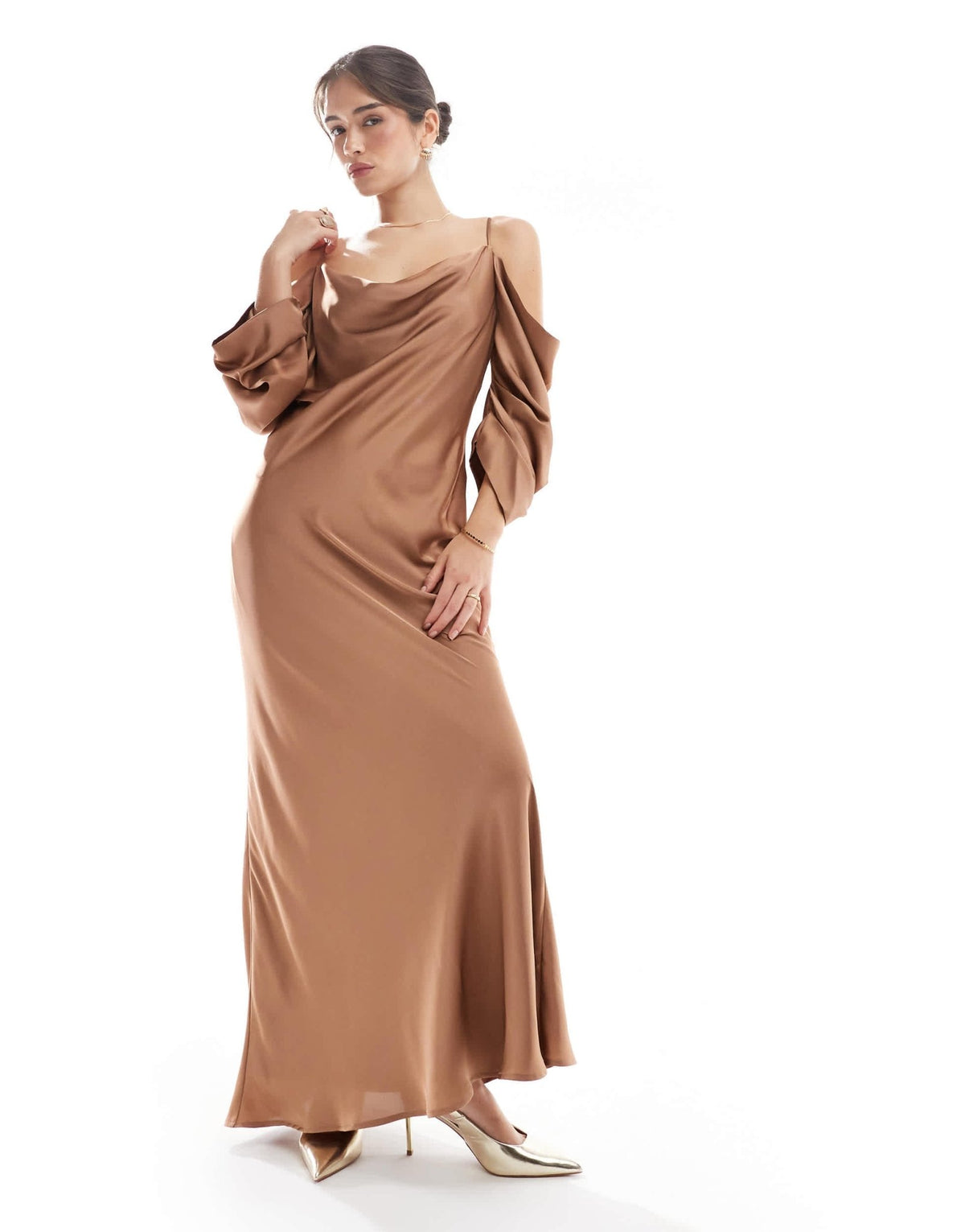 TFNC Bridesmaids cowl cold shoulder maxi dress with ruched sleeves in mocha - ASOS Sample Sale