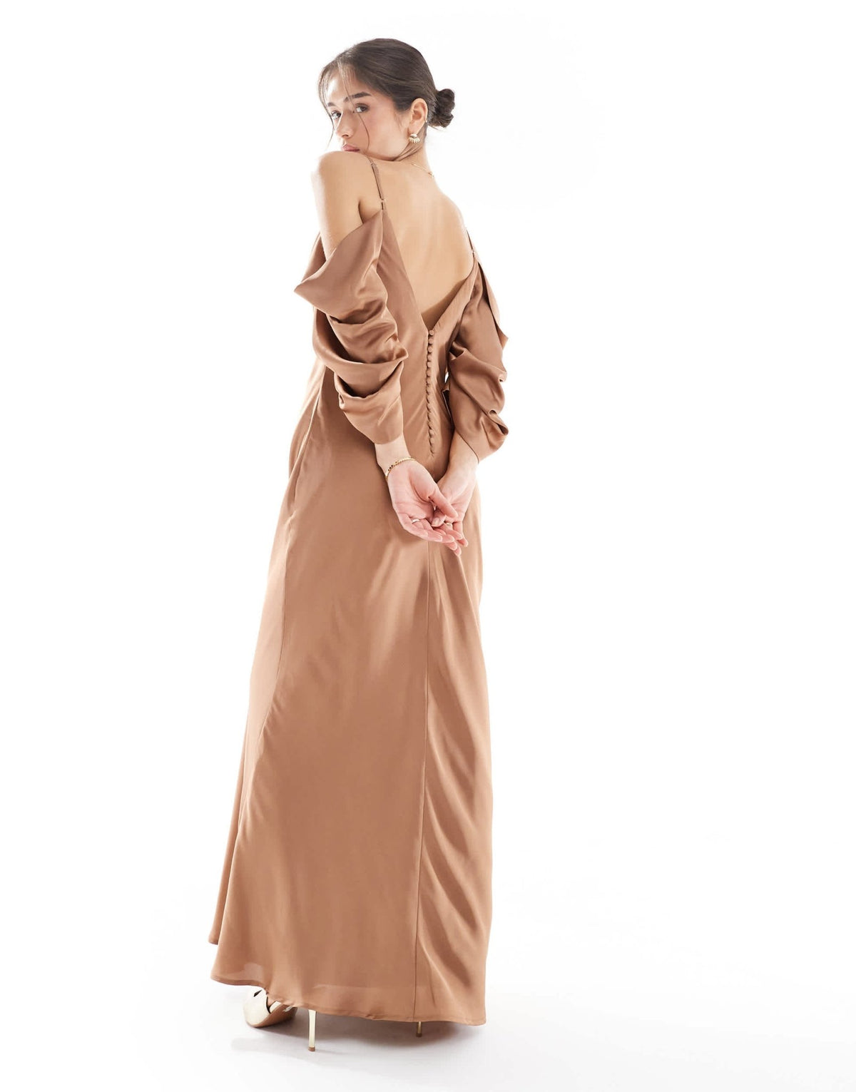 TFNC Bridesmaids cowl cold shoulder maxi dress with ruched sleeves in mocha - ASOS Sample Sale