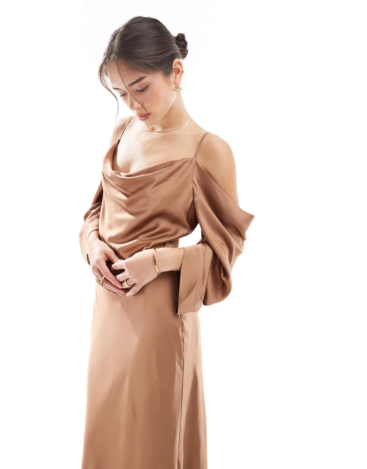 TFNC Bridesmaids cowl cold shoulder maxi dress with ruched sleeves in mocha - ASOS Sample Sale