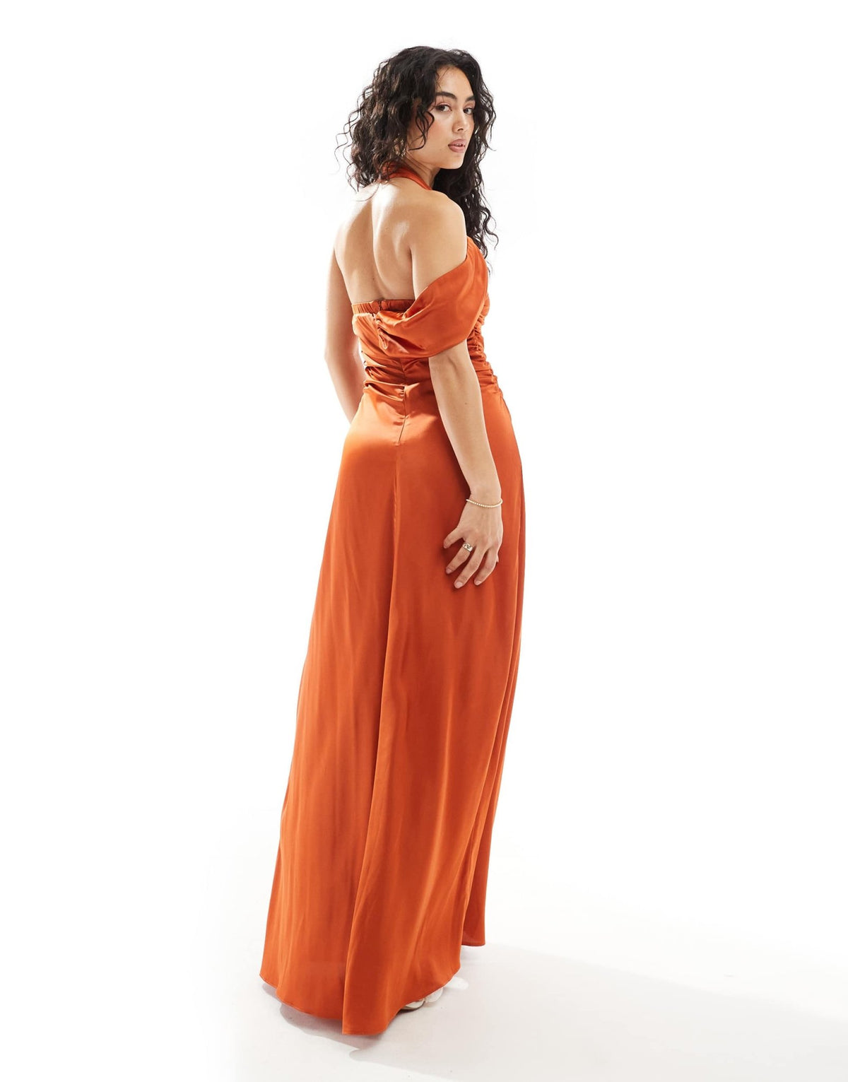 TFNC Bridesmaids satin maxi dress with fallen shoulder in rust - ASOS Sample Sale