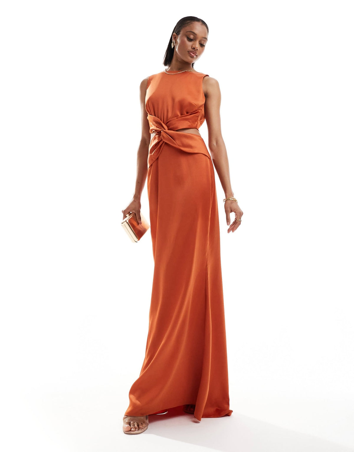 TFNC Bridesmaids Tall satin deep V back waist cut out satin maxi dress in rust - ASOS Sample Sale