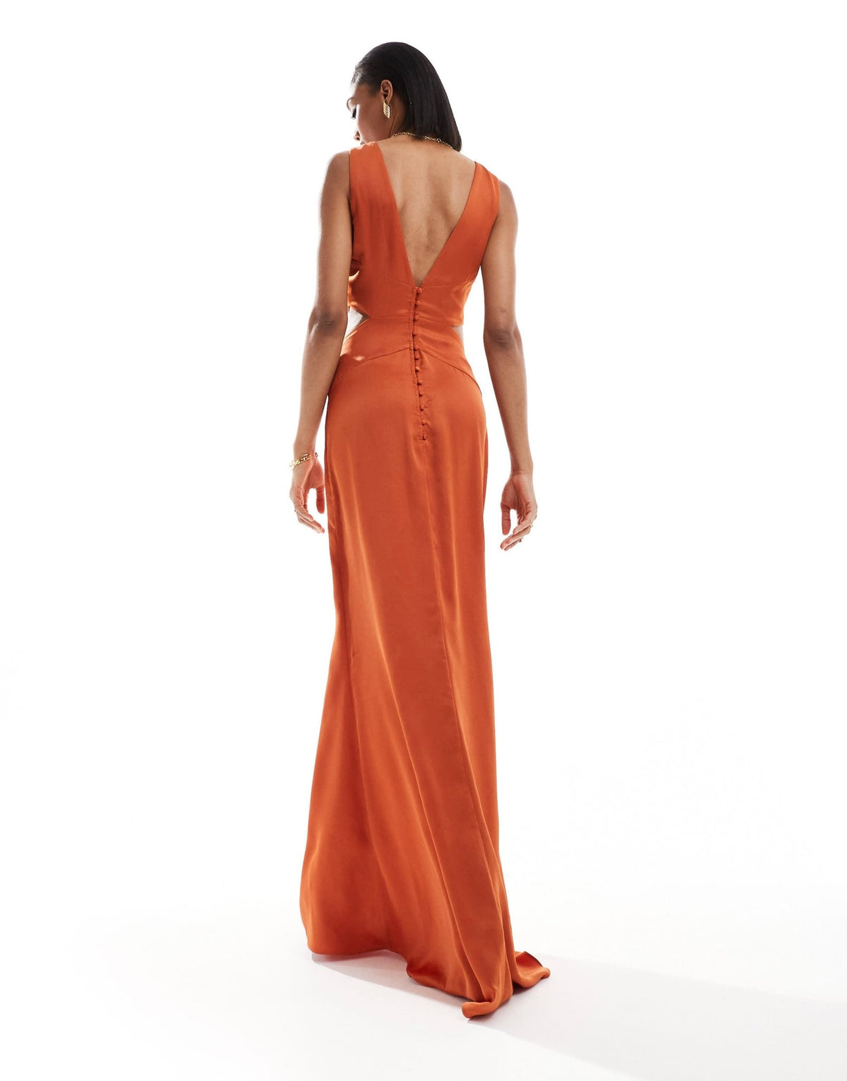 TFNC Bridesmaids Tall satin deep V back waist cut out satin maxi dress in rust - ASOS Sample Sale
