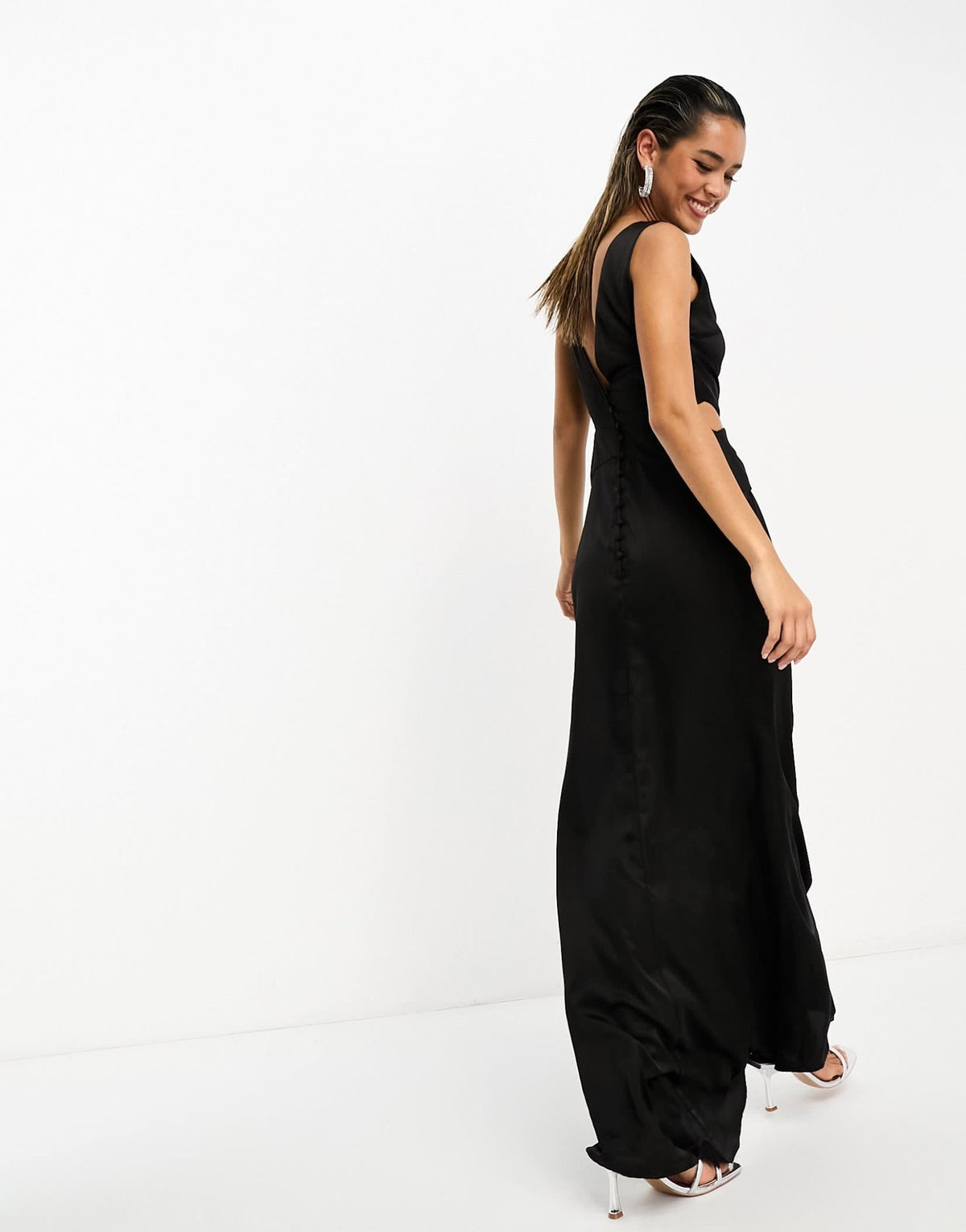 TFNC deep V back waist cut out satin maxi dress in black - ASOS Sample Sale
