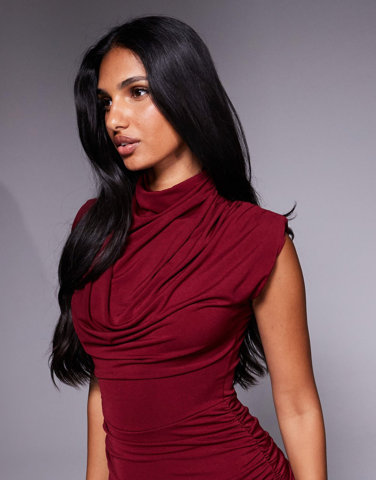 TFNC high neck padded shoulder midi dress in cherry - ASOS Sample Sale