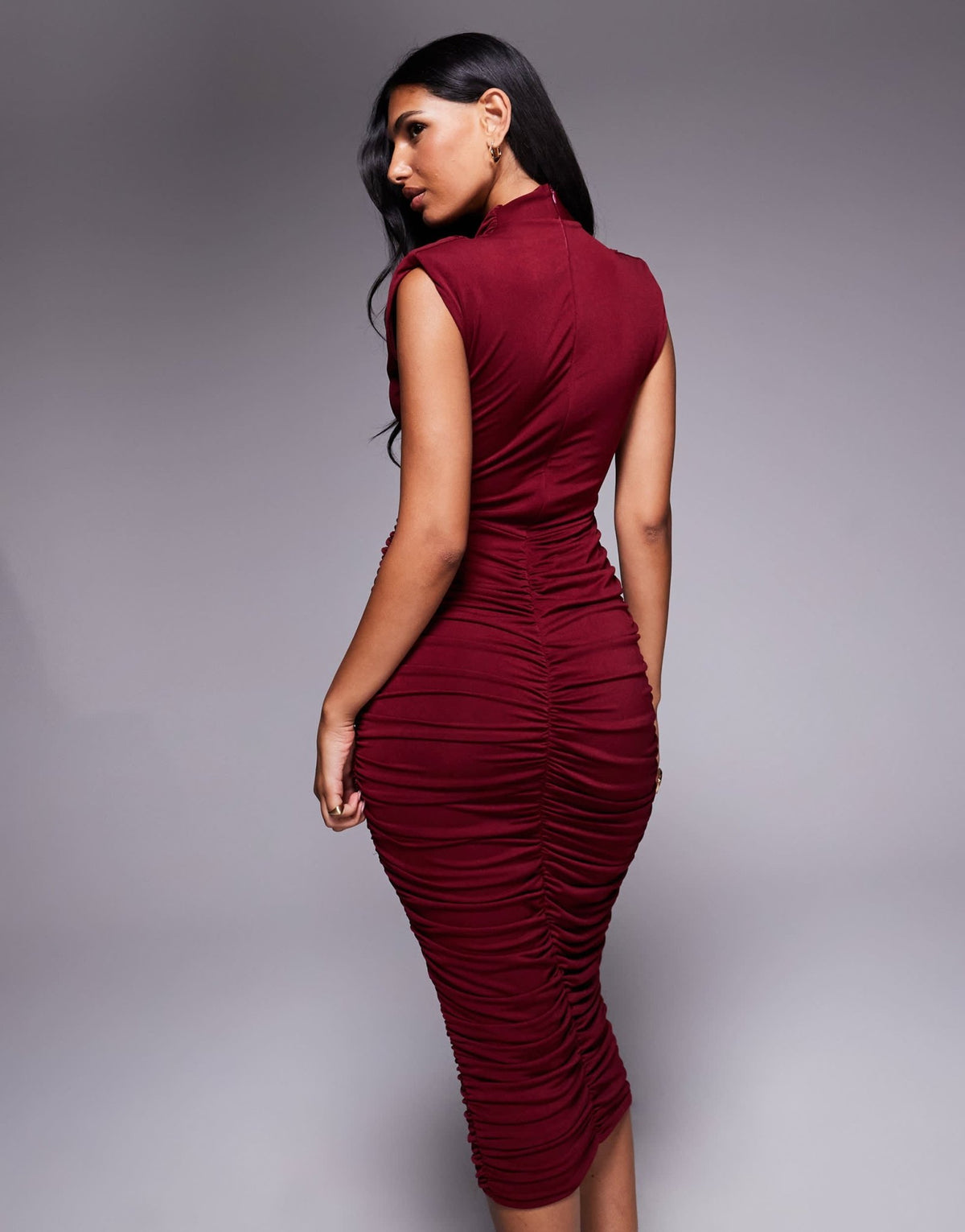 TFNC high neck padded shoulder midi dress in cherry - ASOS Sample Sale