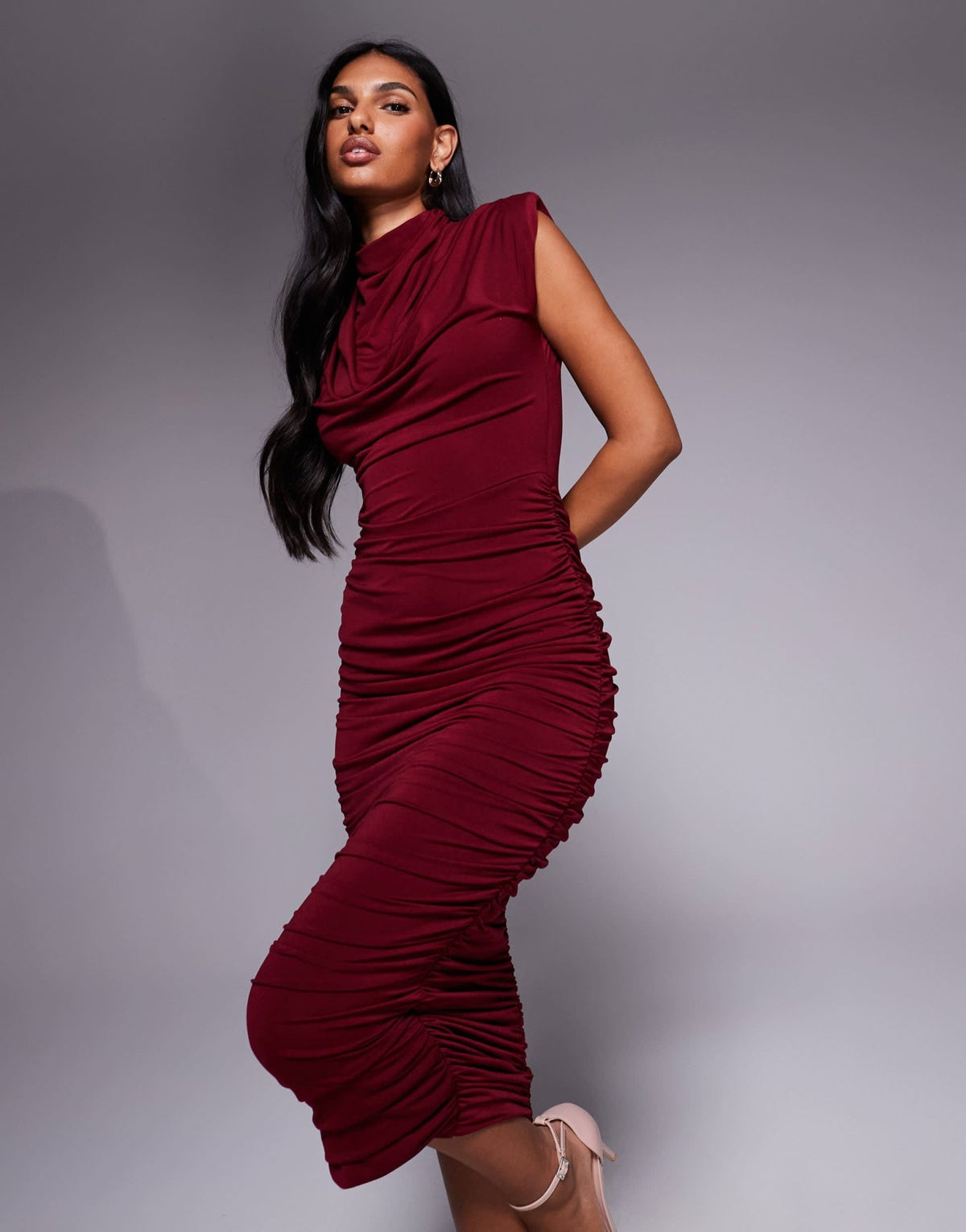 TFNC high neck padded shoulder midi dress in cherry - ASOS Sample Sale