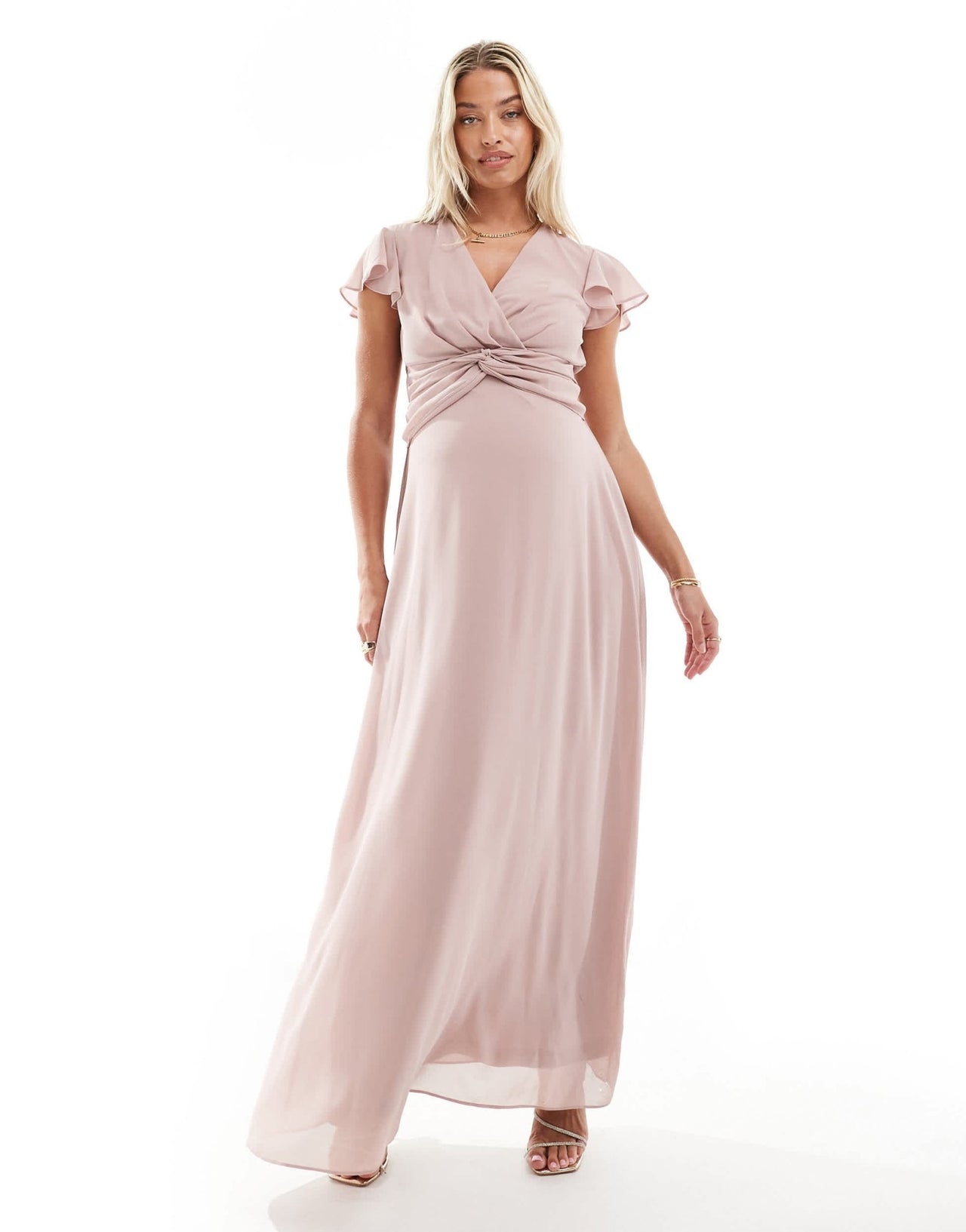 TFNC Maternity Bridesmaid wrap front maxi dress in soft pink - ASOS Sample Sale