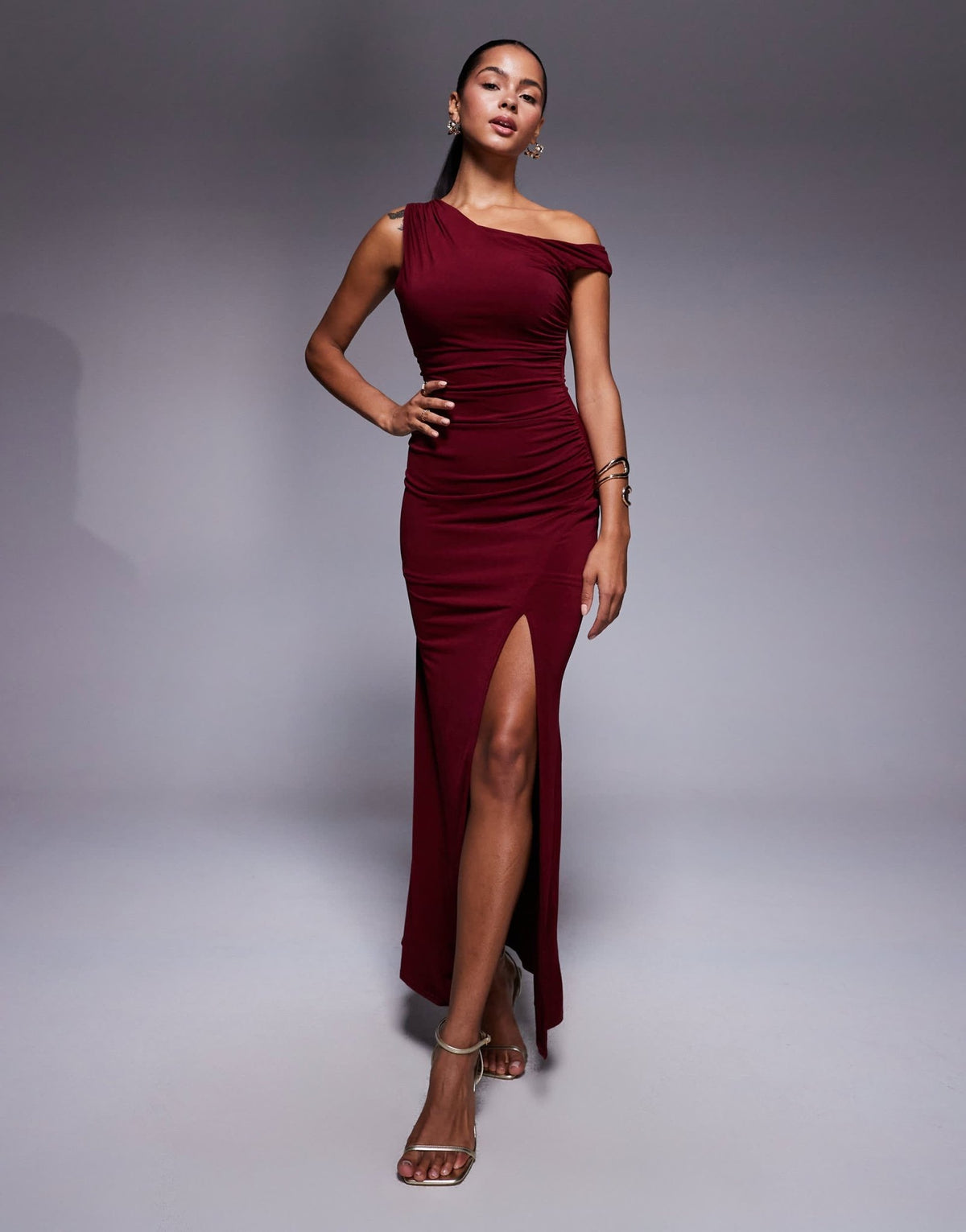 TFNC one shoulder midaxi dress with thigh split in cherry - ASOS Sample Sale