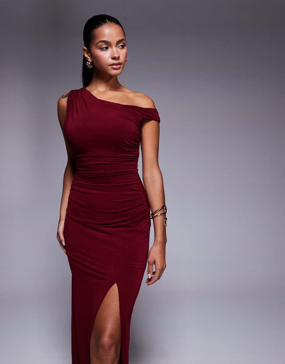 TFNC one shoulder midaxi dress with thigh split in cherry - ASOS Sample Sale