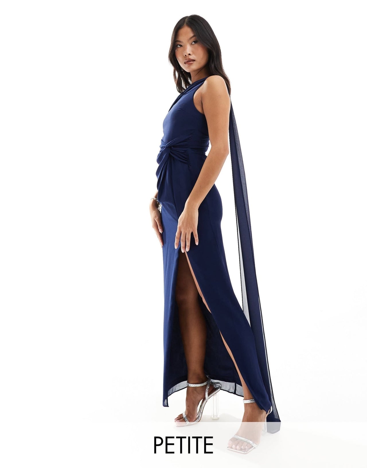 TFNC Petite Bridesmaid chiffon fallen shoulder maxi dress with drape detail in navy - ASOS Sample Sale